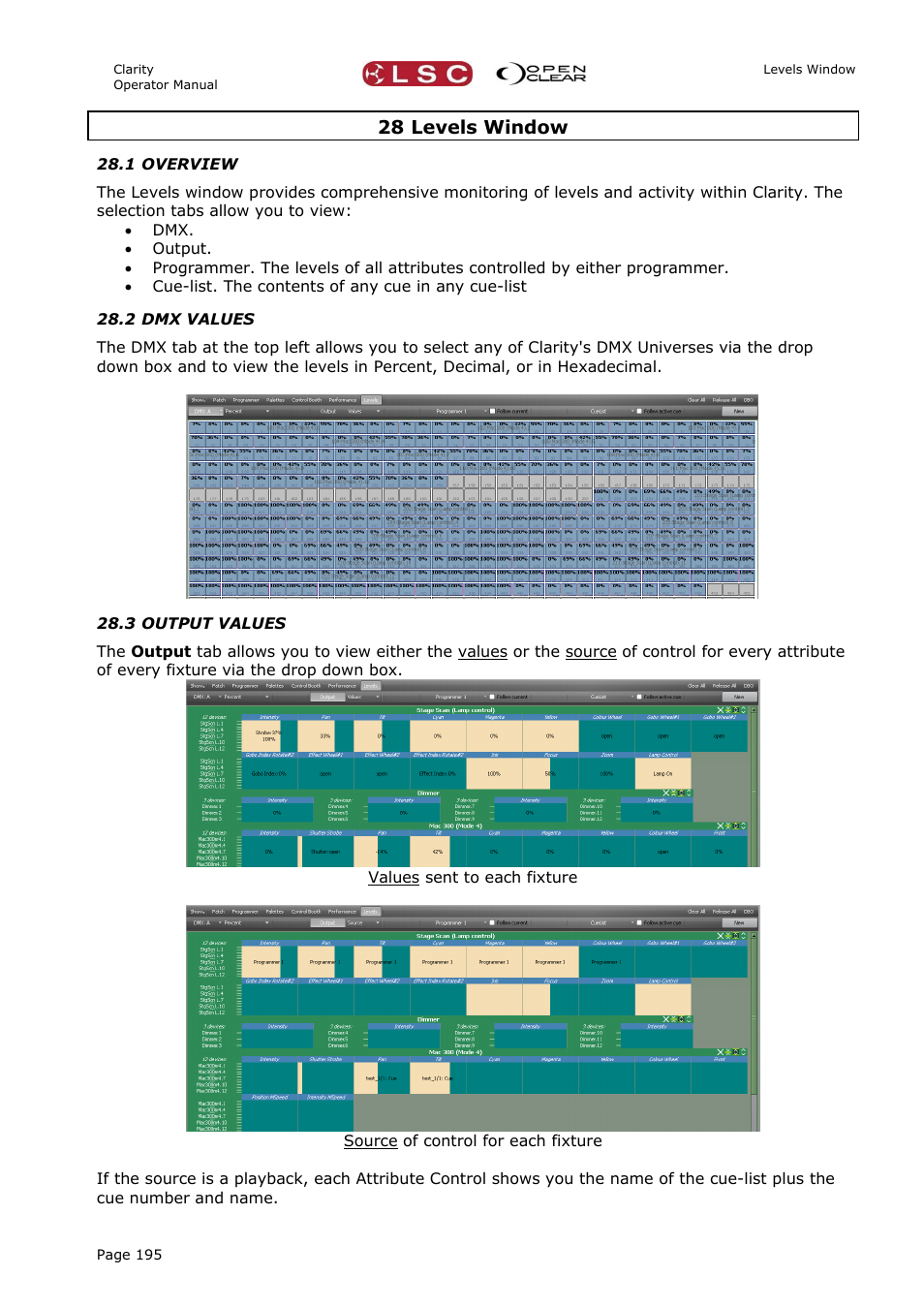 28 levels window, 1 overview, 2 dmx values | 3 output values | LSC Lighting CLARITY LX Series v.1 User Manual | Page 205 / 276