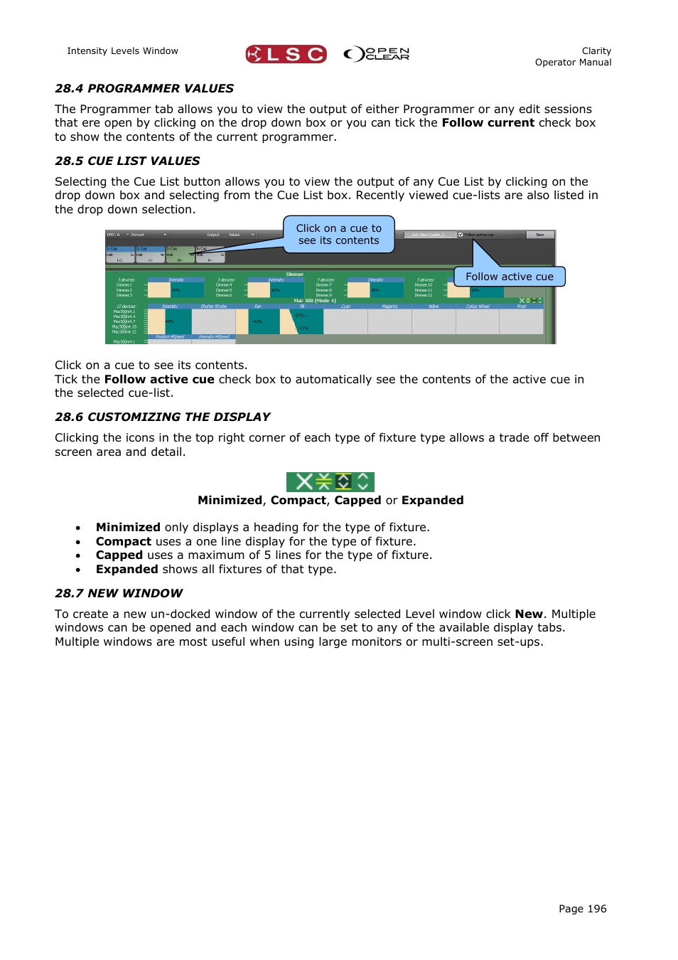 4 programmer values, 5 cue list values, 6 customizing the display | 7 new window | LSC Lighting CLARITY LX Series v.1 User Manual | Page 206 / 276