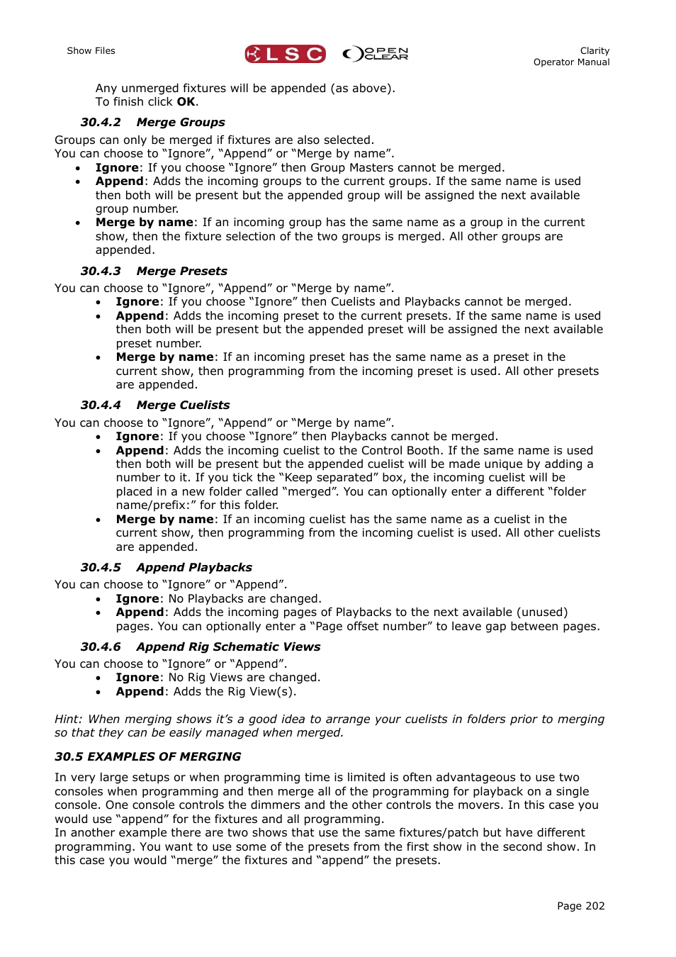 2 merge groups, 3 merge presets, 4 merge cuelists | 5 append playbacks, 6 append rig schematic views, 5 examples of merging | LSC Lighting CLARITY LX Series v.1 User Manual | Page 212 / 276
