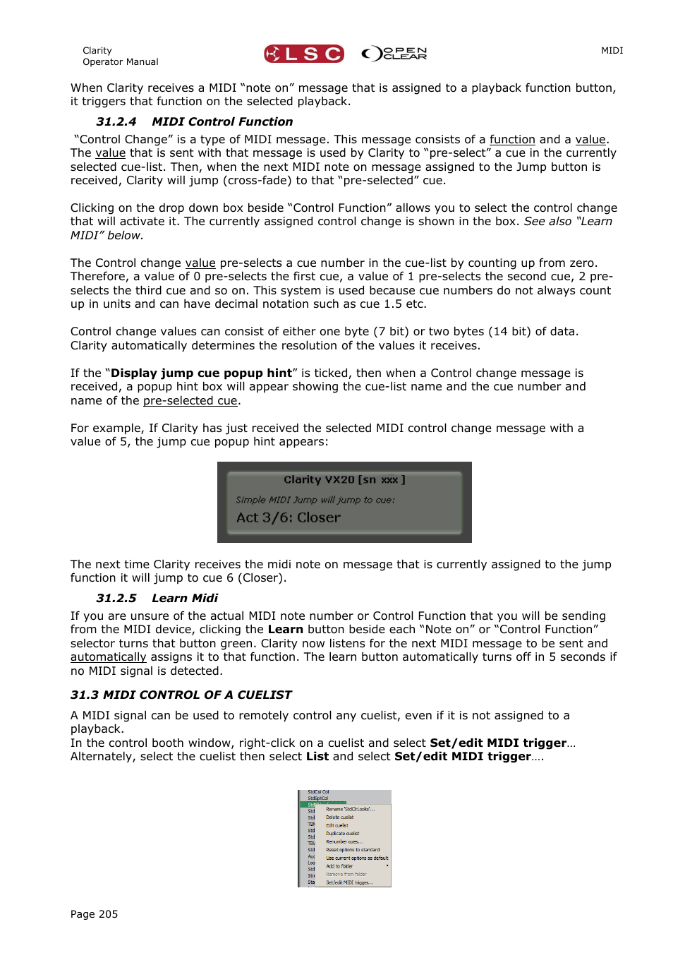 4 midi control function, 5 learn midi, 3 midi control of a cuelist | LSC Lighting CLARITY LX Series v.1 User Manual | Page 215 / 276