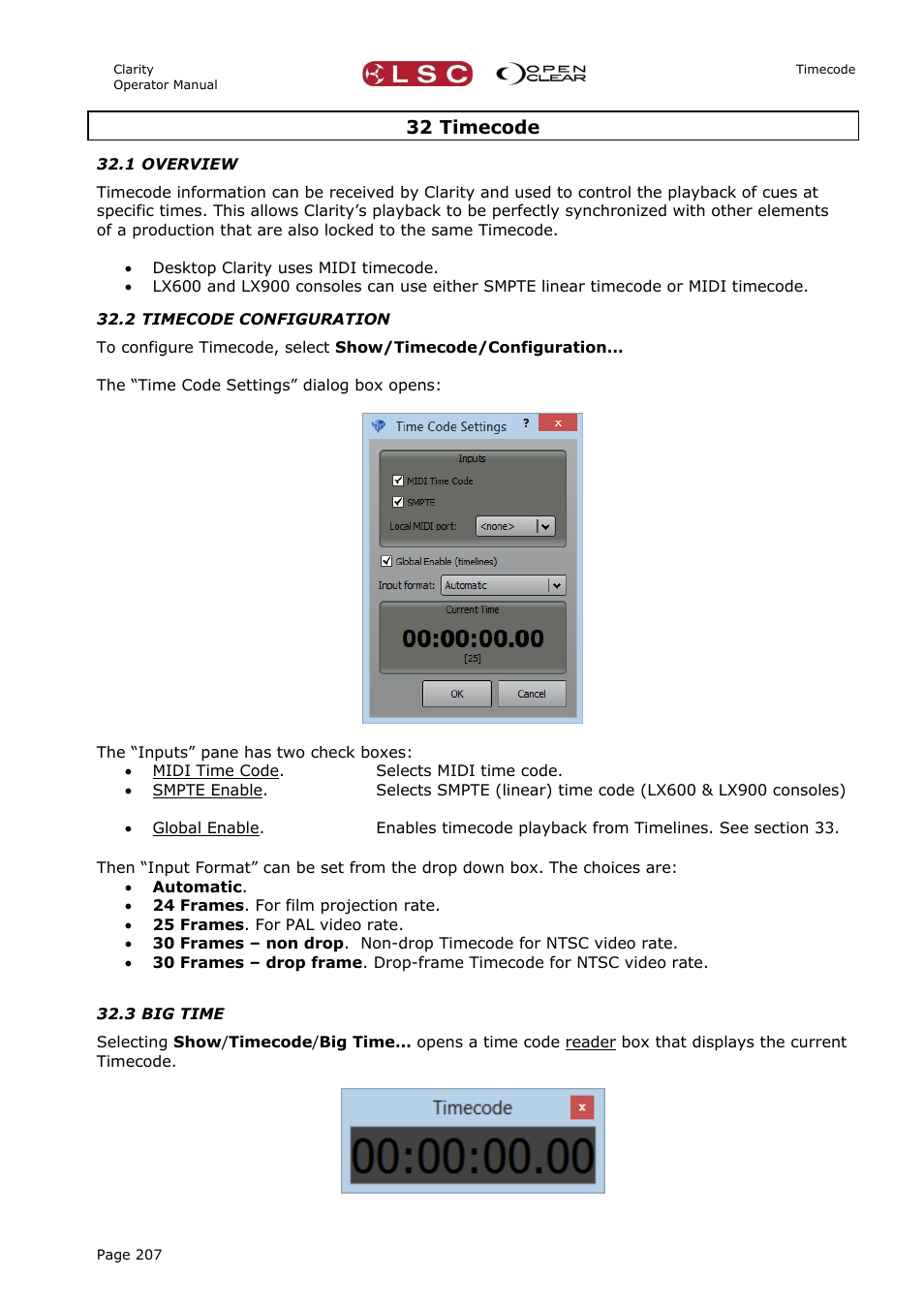 32 timecode, 1 overview, 2 timecode configuration | 3 big time | LSC Lighting CLARITY LX Series v.1 User Manual | Page 217 / 276