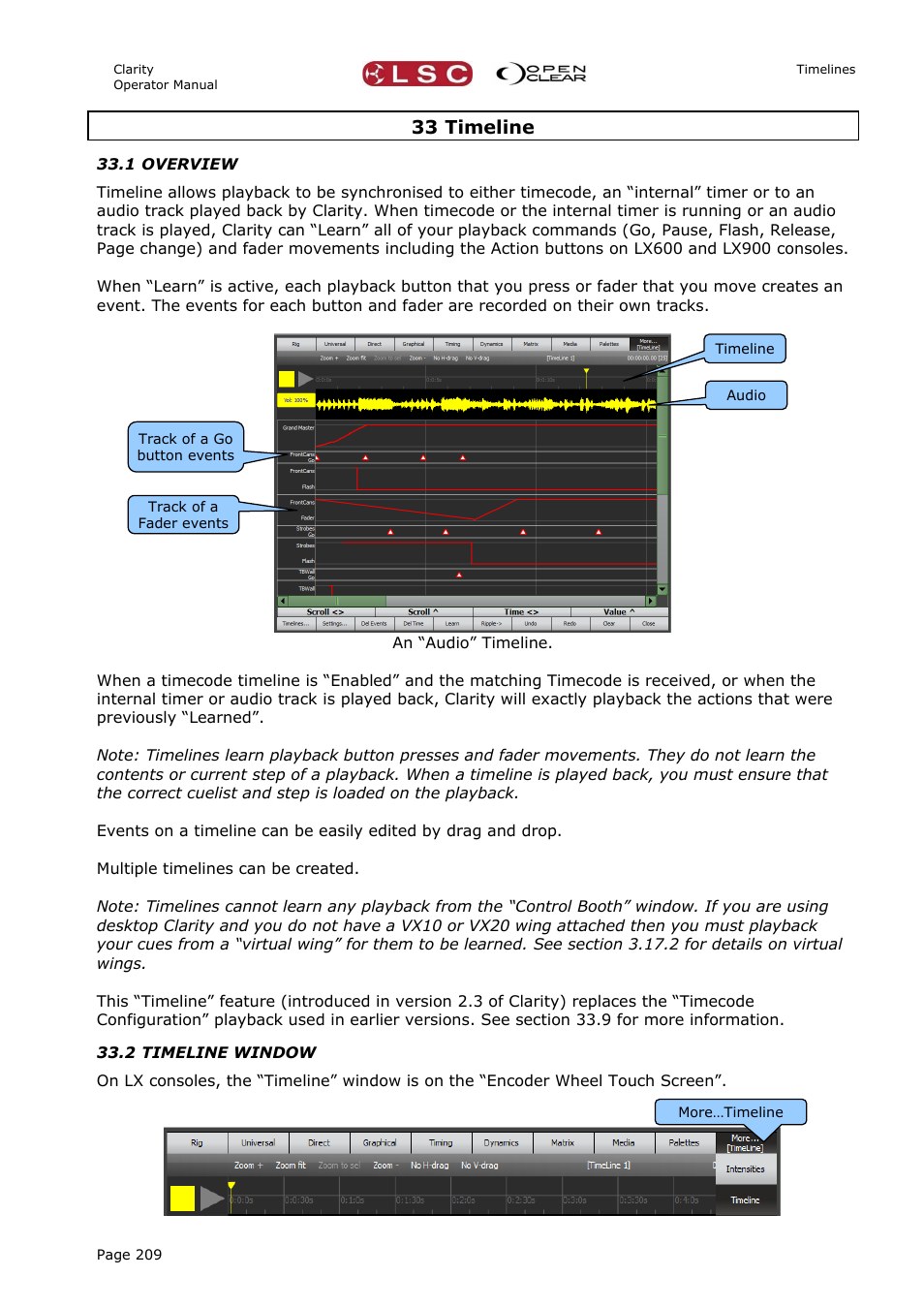33 timeline, 1 overview, 2 timeline window | On 33 | LSC Lighting CLARITY LX Series v.1 User Manual | Page 219 / 276