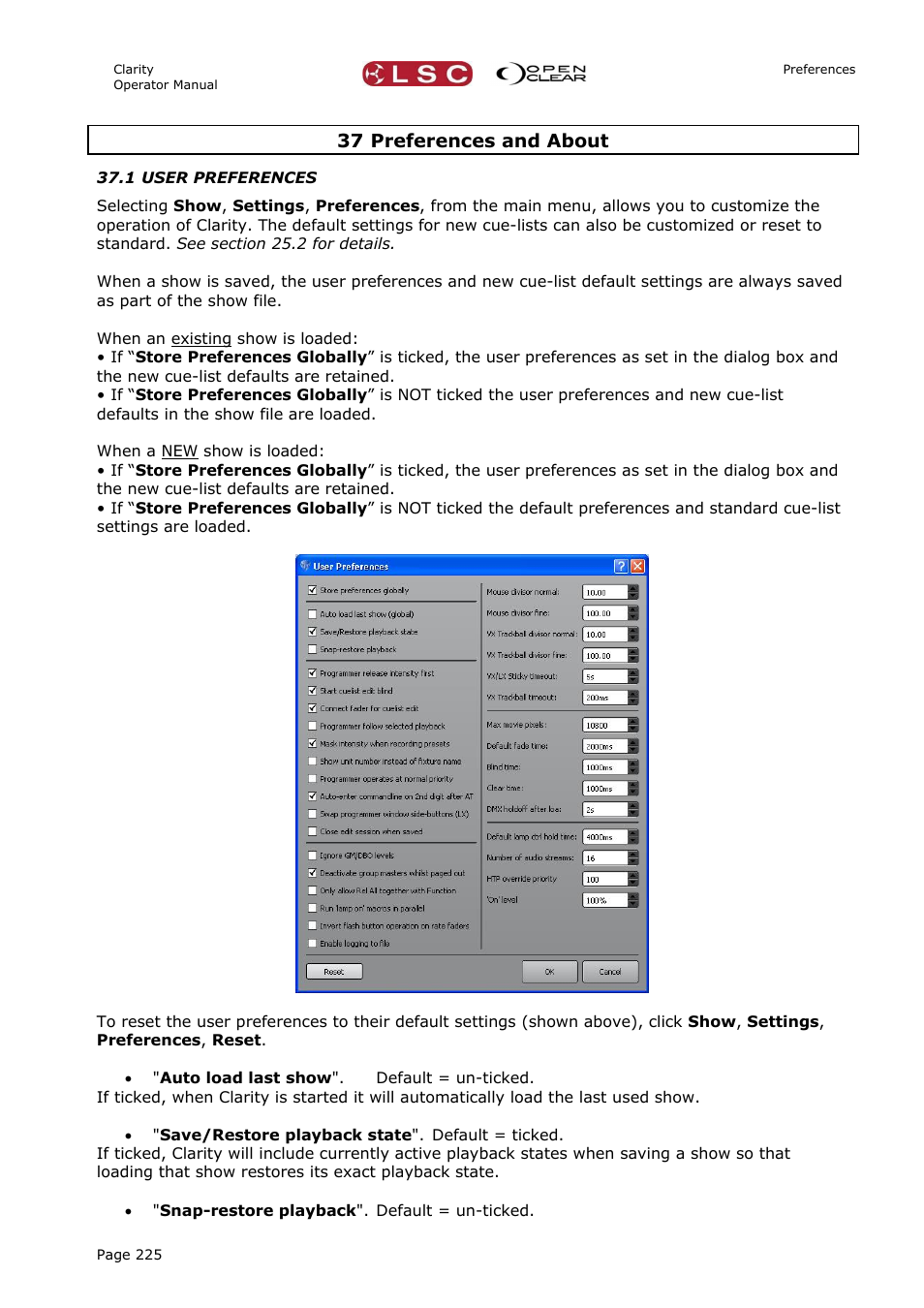37 preferences and about, 1 user preferences, N 37 | LSC Lighting CLARITY LX Series v.1 User Manual | Page 235 / 276