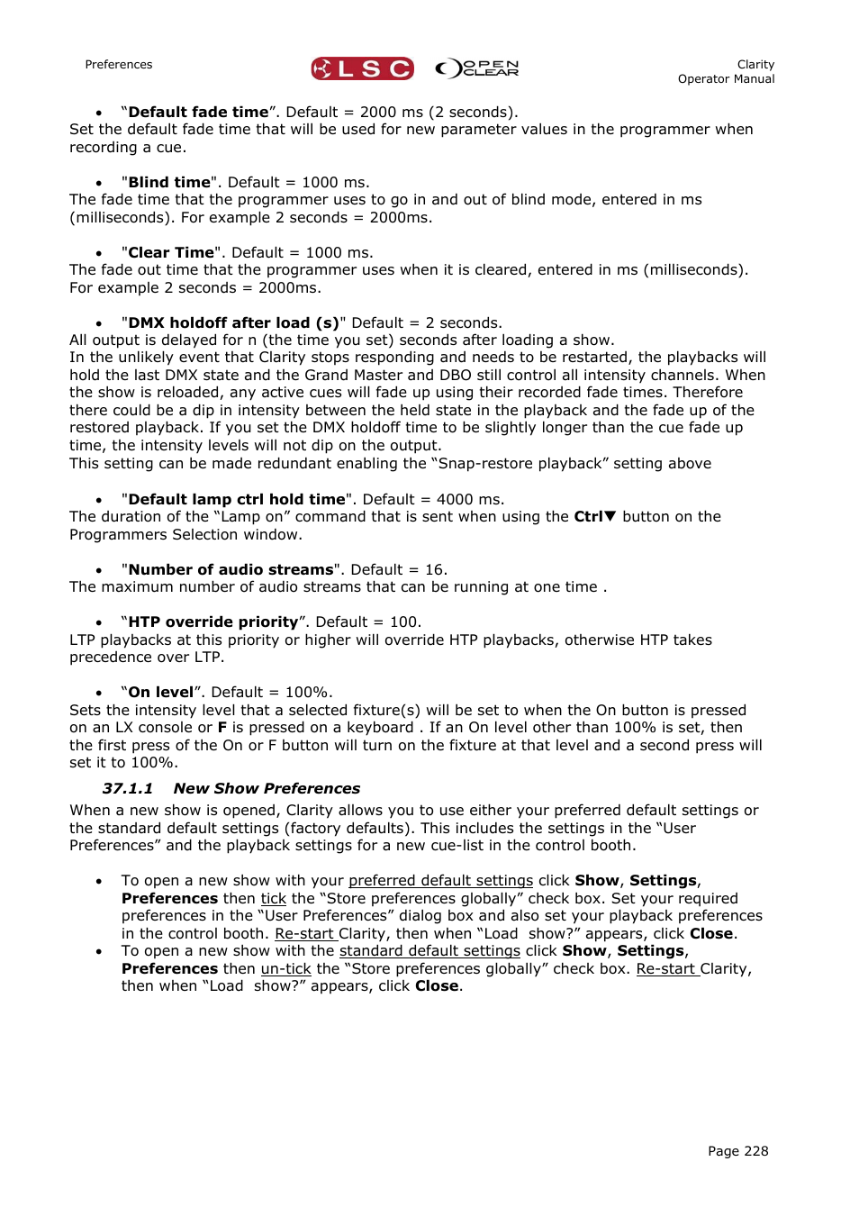 1 new show preferences | LSC Lighting CLARITY LX Series v.1 User Manual | Page 238 / 276