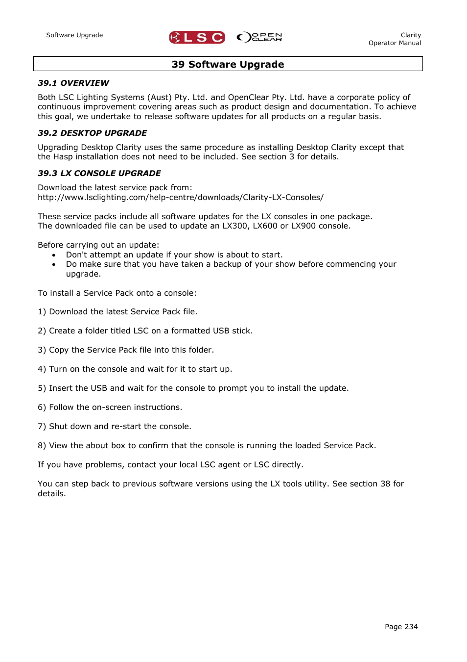 39 software upgrade, 1 overview, 2 desktop upgrade | 3 lx console upgrade | LSC Lighting CLARITY LX Series v.1 User Manual | Page 244 / 276