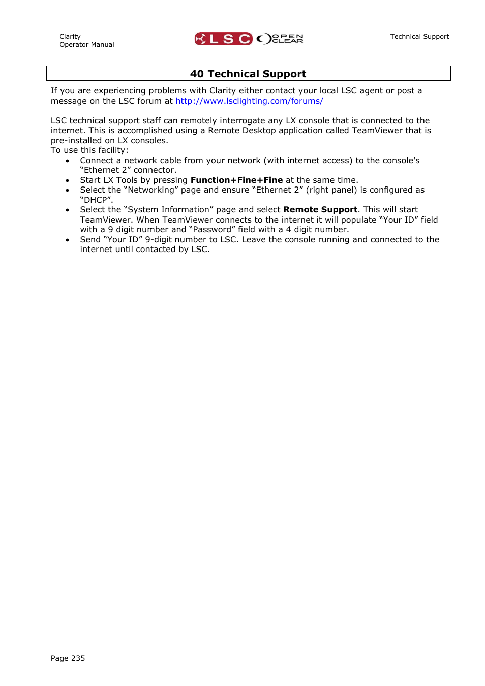 40 technical support, N 40 | LSC Lighting CLARITY LX Series v.1 User Manual | Page 245 / 276
