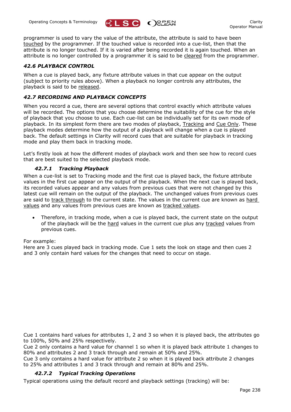 6 playback control, 7 recording and playback concepts, 1 tracking playback | 2 typical tracking operations | LSC Lighting CLARITY LX Series v.1 User Manual | Page 248 / 276