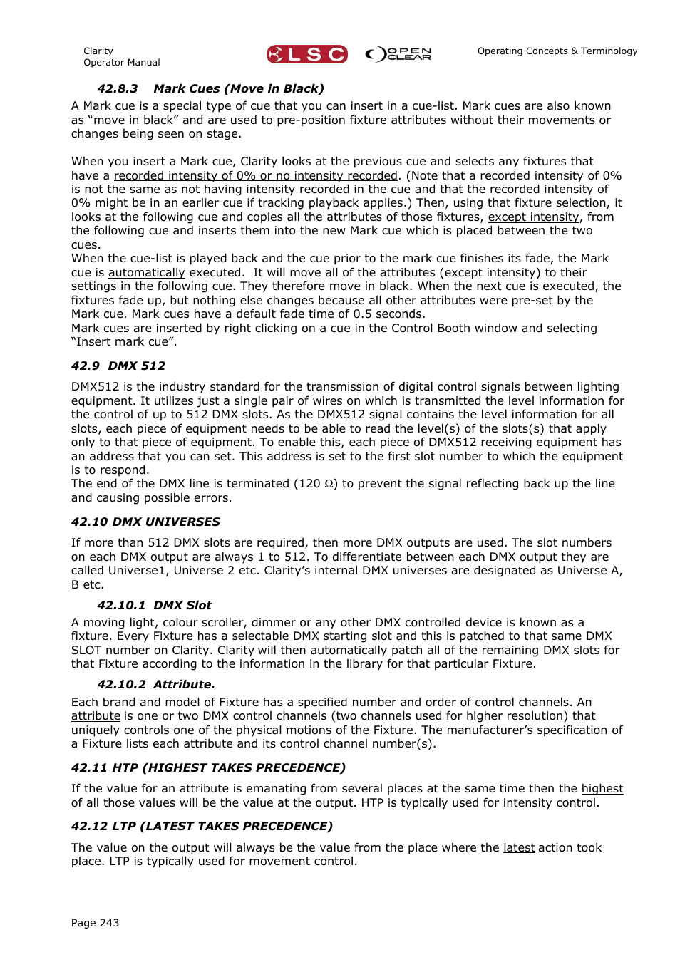 3 mark cues (move in black), 9 dmx 512, 10 dmx universes | 1 dmx slot, 2 attribute, 11 htp (highest takes precedence), 12 ltp (latest takes precedence) | LSC Lighting CLARITY LX Series v.1 User Manual | Page 253 / 276
