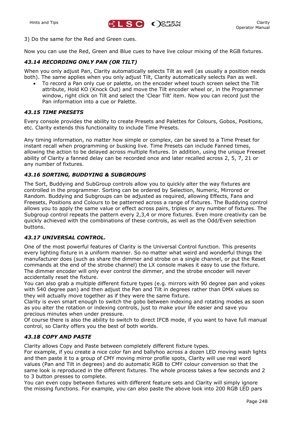 14 recording only pan (or tilt), 15 time presets, 16 sorting, buddying & subgroups | 17 universal control, 18 copy and paste | LSC Lighting CLARITY LX Series v.1 User Manual | Page 258 / 276
