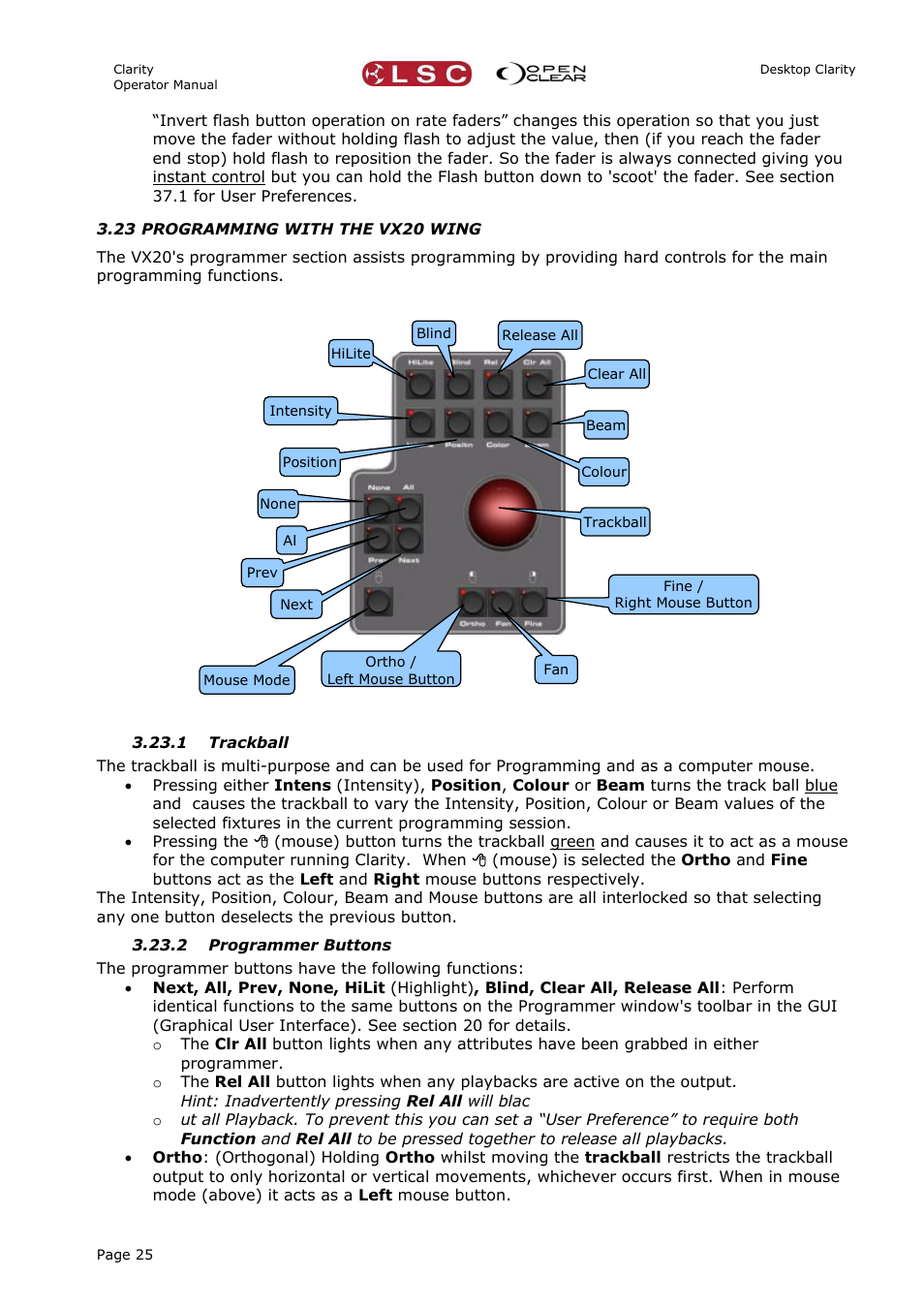 23 programming with the vx20 wing, 1 trackball, 2 programmer buttons | LSC Lighting CLARITY LX Series v.1 User Manual | Page 35 / 276
