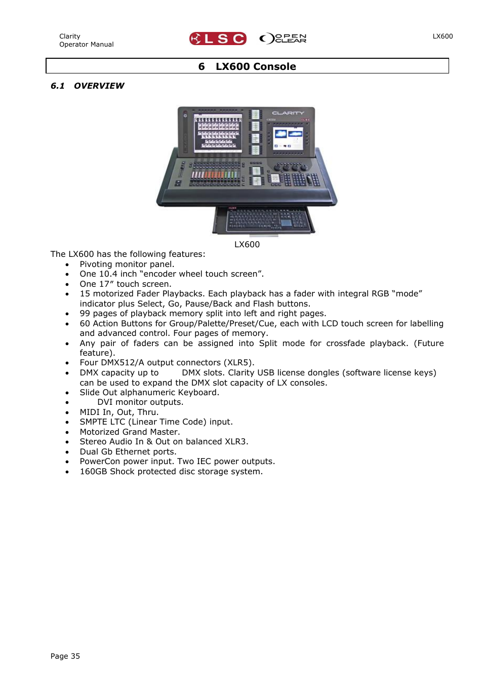 6 lx600 console, 1 overview | LSC Lighting CLARITY LX Series v.1 User Manual | Page 45 / 276