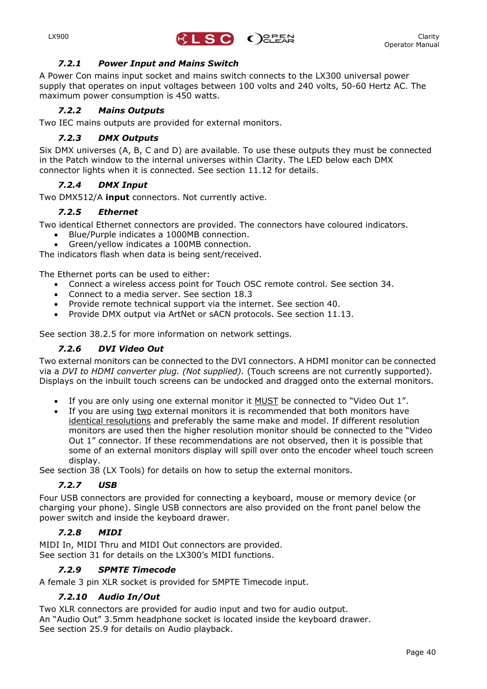 1 power input and mains switch, 2 mains outputs, 3 dmx outputs | 4 dmx input, 5 ethernet, 6 dvi video out, 7 usb, 8 midi, 9 spmte timecode, 10 audio in/out | LSC Lighting CLARITY LX Series v.1 User Manual | Page 50 / 276
