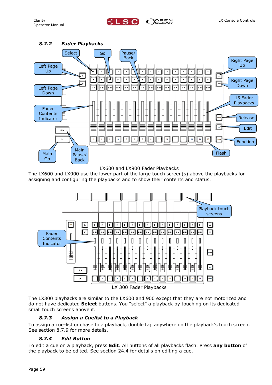2 fader playbacks, 3 assign a cuelist to a playback, 4 edit button | LSC Lighting CLARITY LX Series v.1 User Manual | Page 69 / 276
