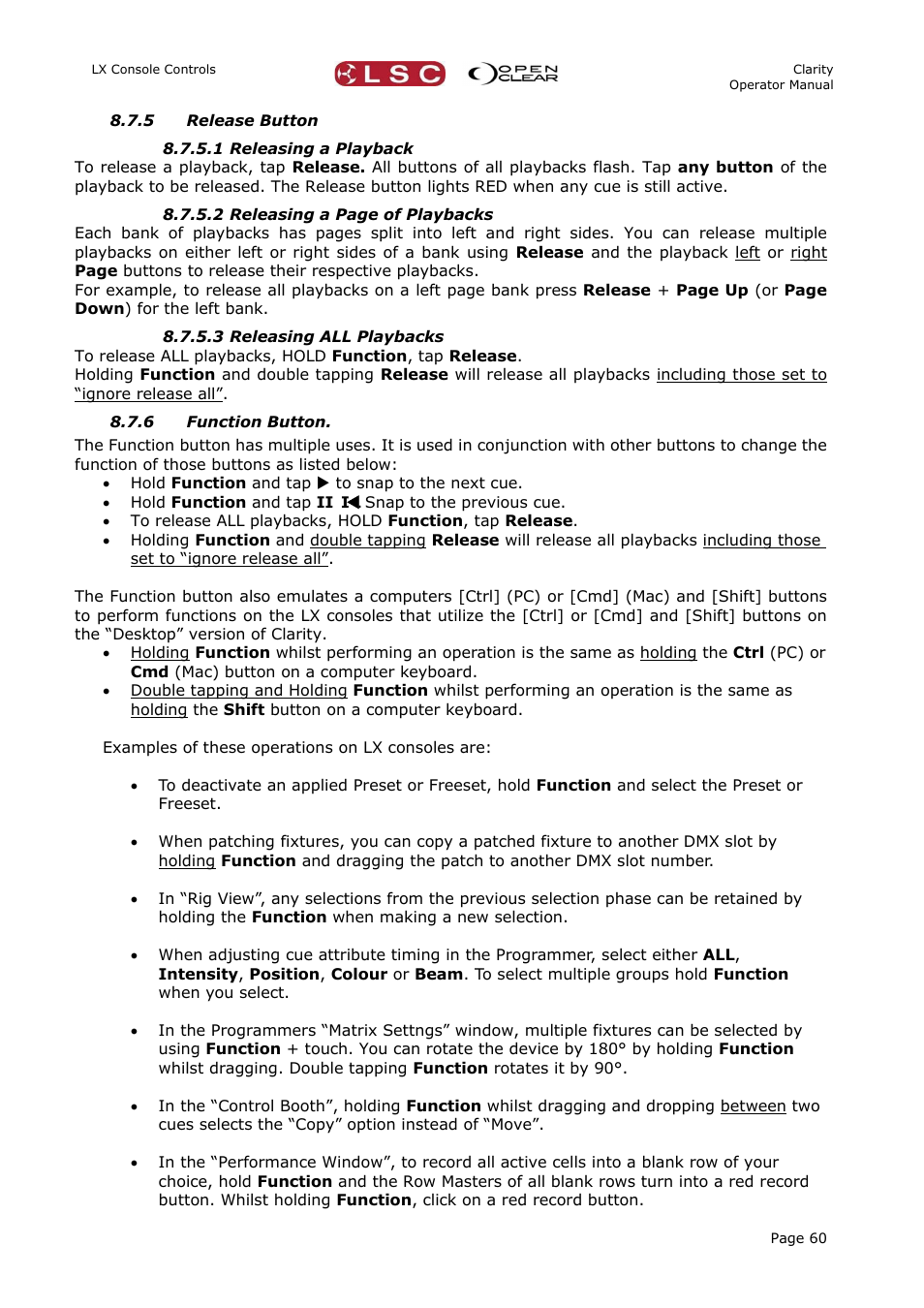 5 release button, 1 releasing a playback, 3 releasing all playbacks | 6 function button | LSC Lighting CLARITY LX Series v.1 User Manual | Page 70 / 276