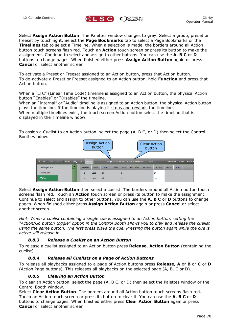 3 release a cuelist on an action button, 5 clearing an action button | LSC Lighting CLARITY LX Series v.1 User Manual | Page 80 / 276