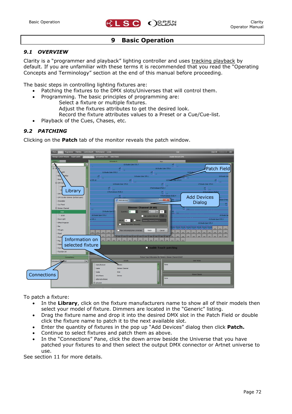 9 basic operation, 1 overview, 2 patching | LSC Lighting CLARITY LX Series v.1 User Manual | Page 82 / 276