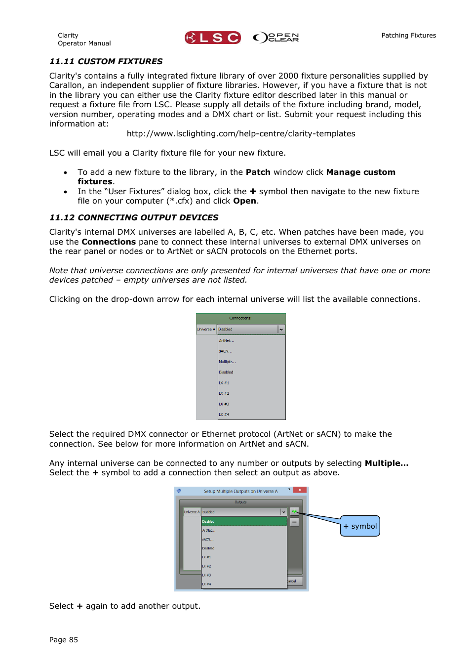 11 custom fixtures, 12 connecting output devices, On 11.12 | LSC Lighting CLARITY LX Series v.1 User Manual | Page 95 / 276