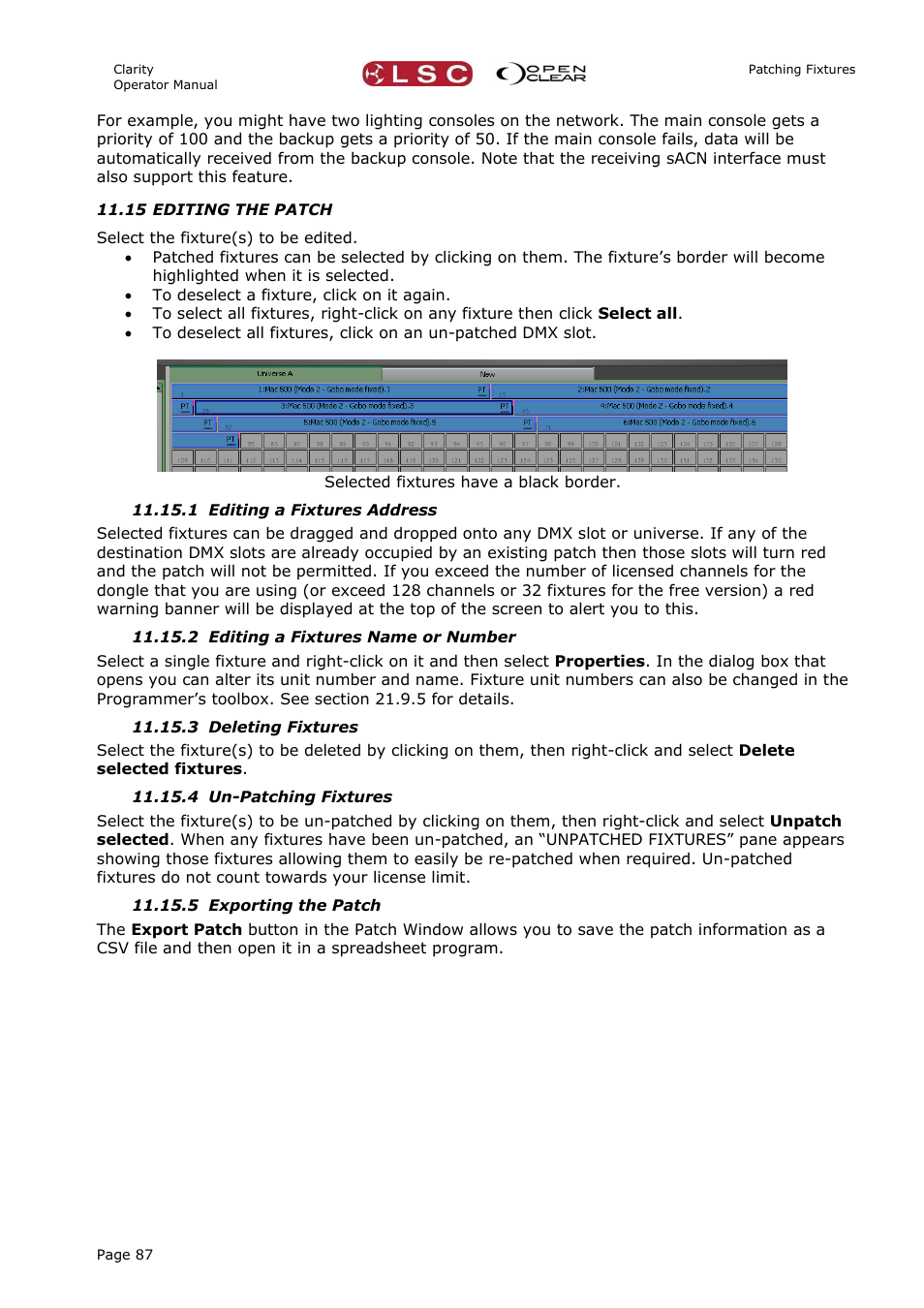 15 editing the patch, 1 editing a fixtures address, 2 editing a fixtures name or number | 3 deleting fixtures, 4 un-patching fixtures, 5 exporting the patch | LSC Lighting CLARITY LX Series v.1 User Manual | Page 97 / 276