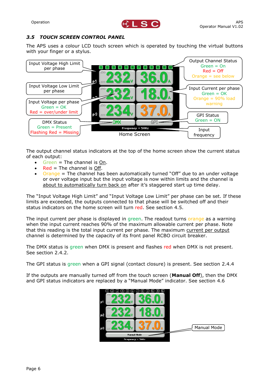 5 touch screen control panel, Touch screen control panel | LSC Lighting APS User Manual | Page 10 / 22