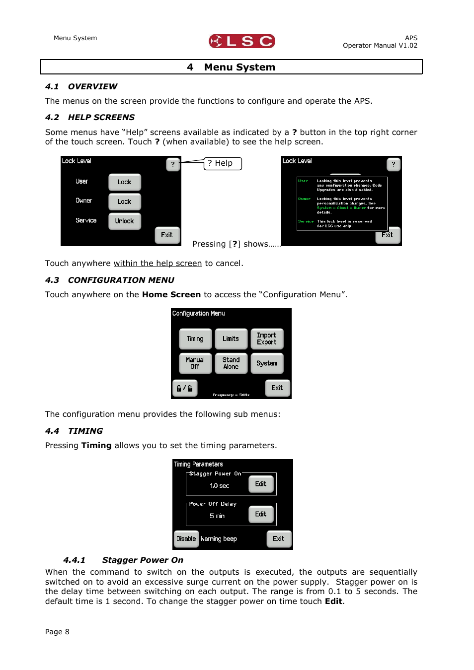 4 menu system, 1 overview, 2 help screens | 3 configuration menu, 4 timing, 1 stagger power on, Menu system, Overview, Help screens, Configuration menu | LSC Lighting APS User Manual | Page 12 / 22