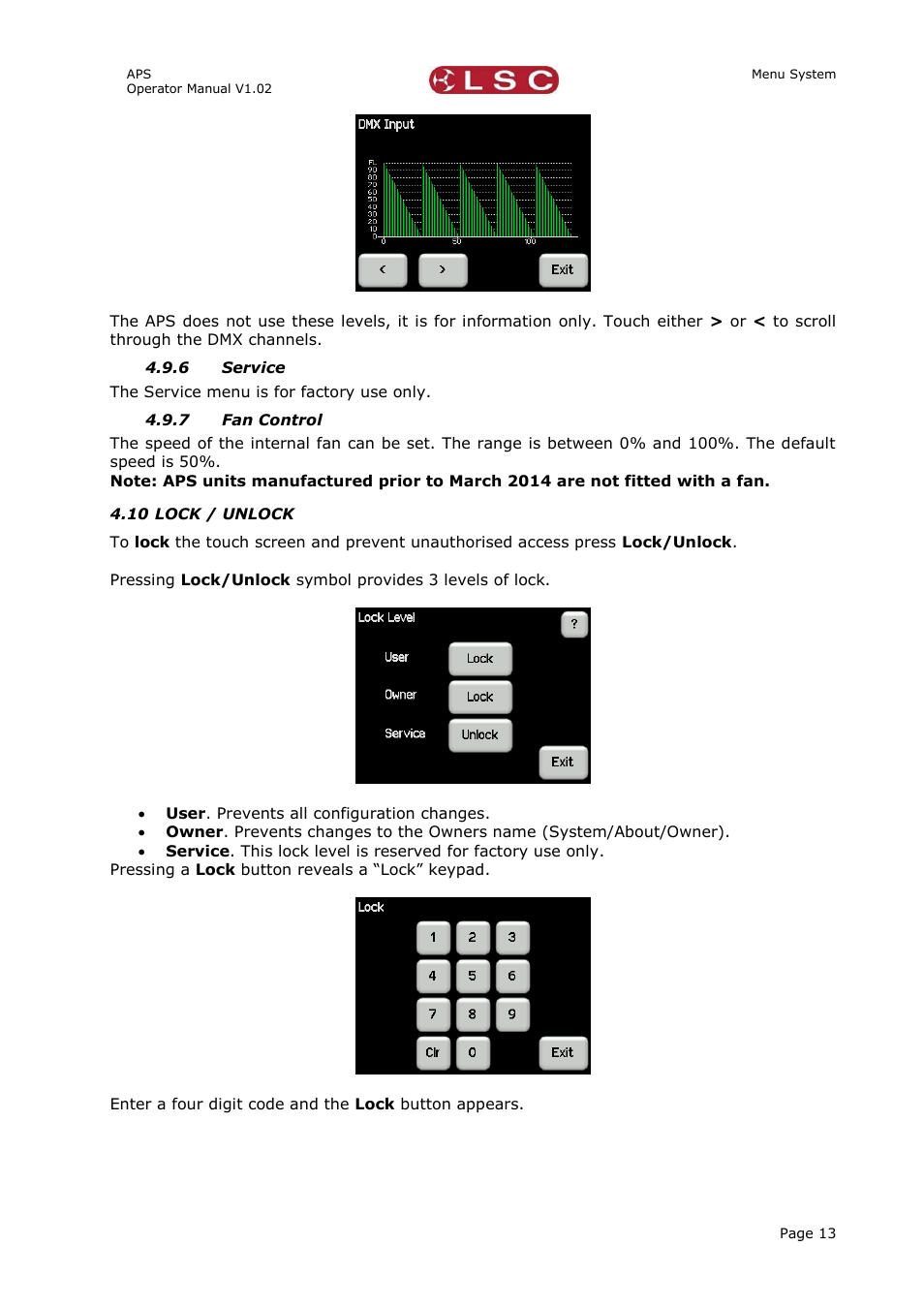 6 service, 7 fan control, 10 lock / unlock | Service, Fan control, Lock / unlock | LSC Lighting APS User Manual | Page 17 / 22