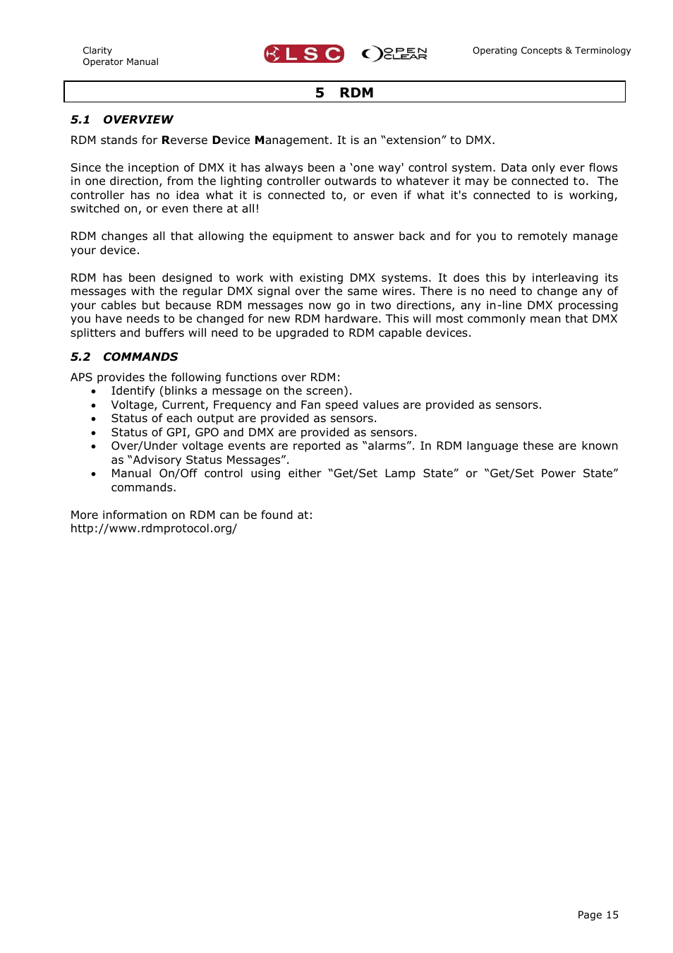 5 rdm, 1 overview, 2 commands | Rdm 15, Overview, Commands | LSC Lighting APS User Manual | Page 19 / 22