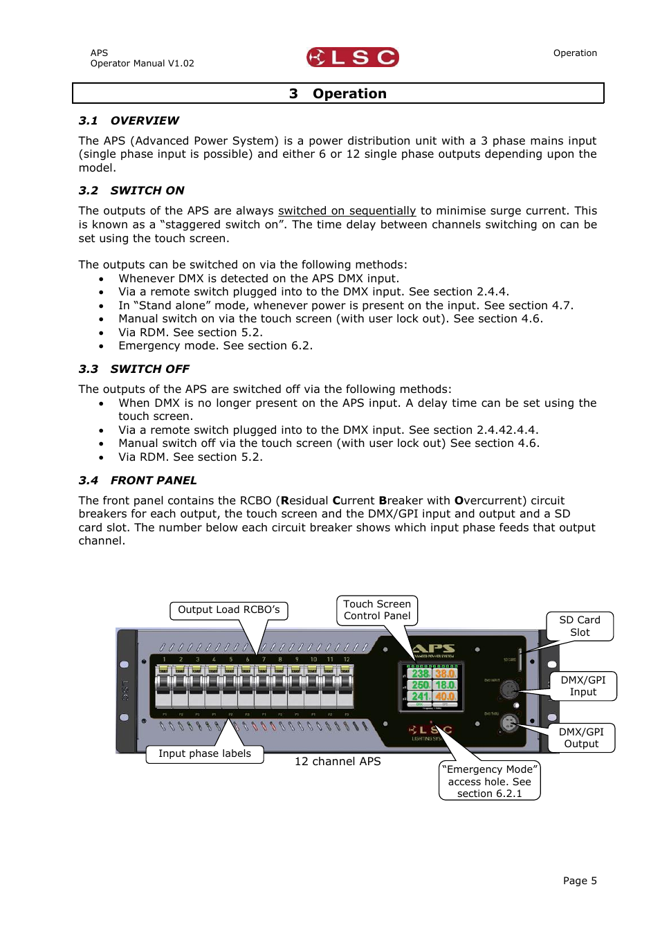 3 operation, 1 overview, 2 switch on | 3 switch off, 4 front panel, Operation, Overview, Switch on, Switch off, Front panel | LSC Lighting APS User Manual | Page 9 / 22