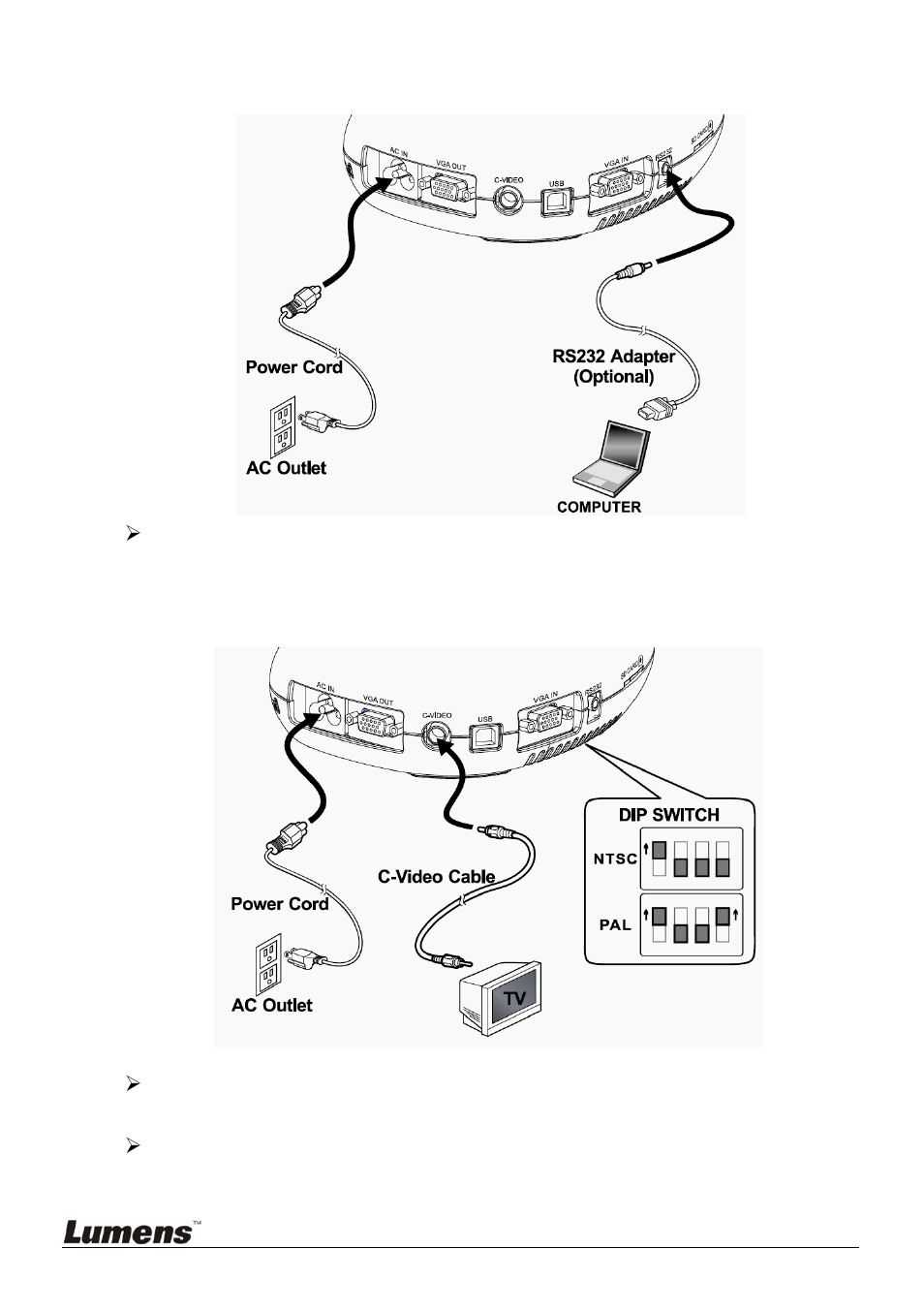 Connecting to a computer with rs232, Connecting to a tv, 7 connecting to a computer with rs232 | 8 connecting to a tv | Lumens Technology DC166 User Manual | Page 14 / 36