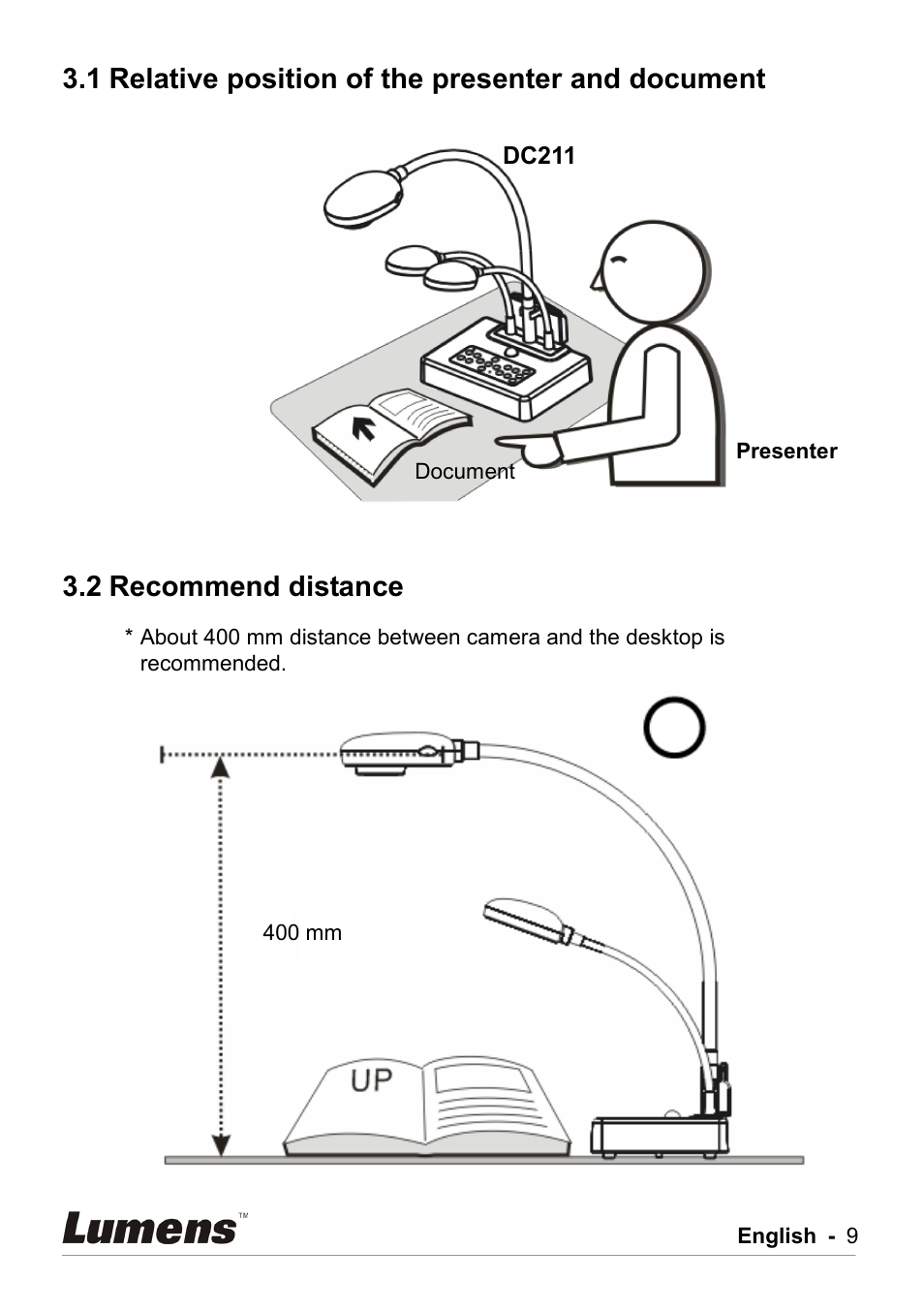 Relative position of the presenter and document, Recommend distance, 1 relative position of the presenter and document | 2 recommend distance | Lumens Technology DC211 User Manual | Page 10 / 34