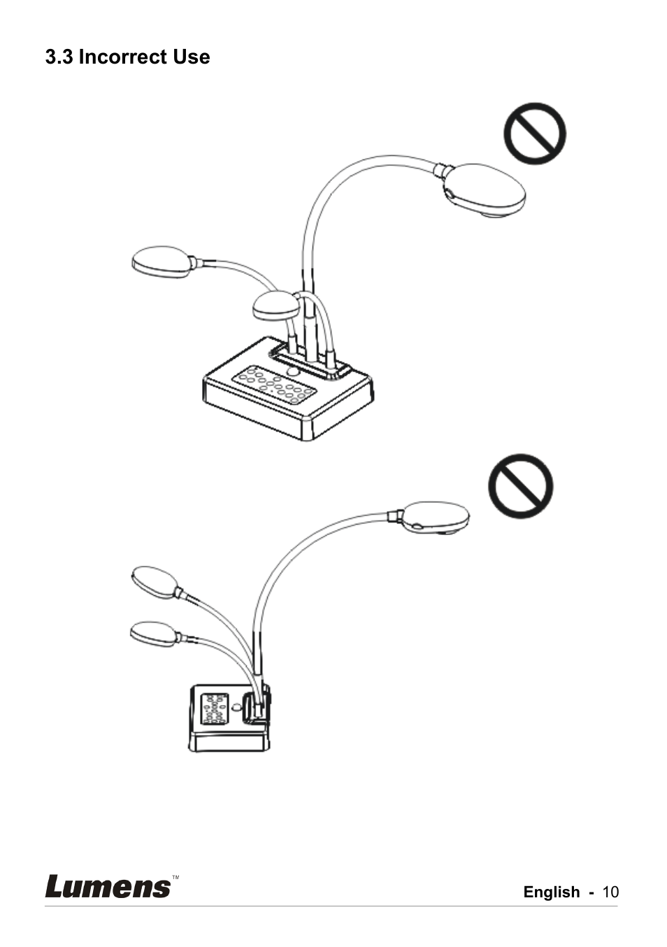 Incorrect use, 3 incorrect use | Lumens Technology DC211 User Manual | Page 11 / 34