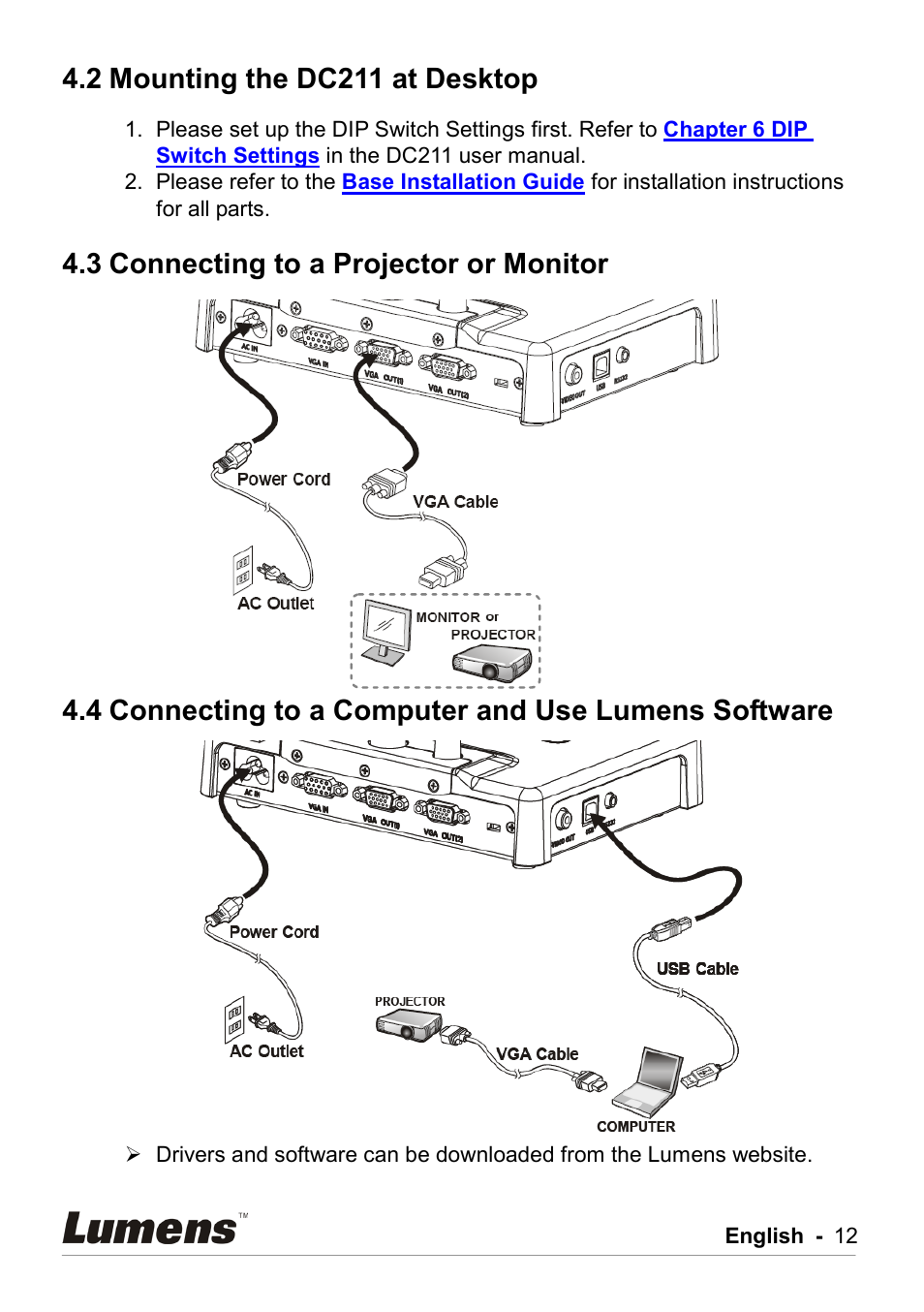 Mounting the dc211 at desktop, Connecting to a projector or monitor, Connecting to a computer and use lumens software | 2 mounting the dc211 at desktop, 3 connecting to a projector or monitor, 4 connecting to a computer and use lumens software | Lumens Technology DC211 User Manual | Page 13 / 34