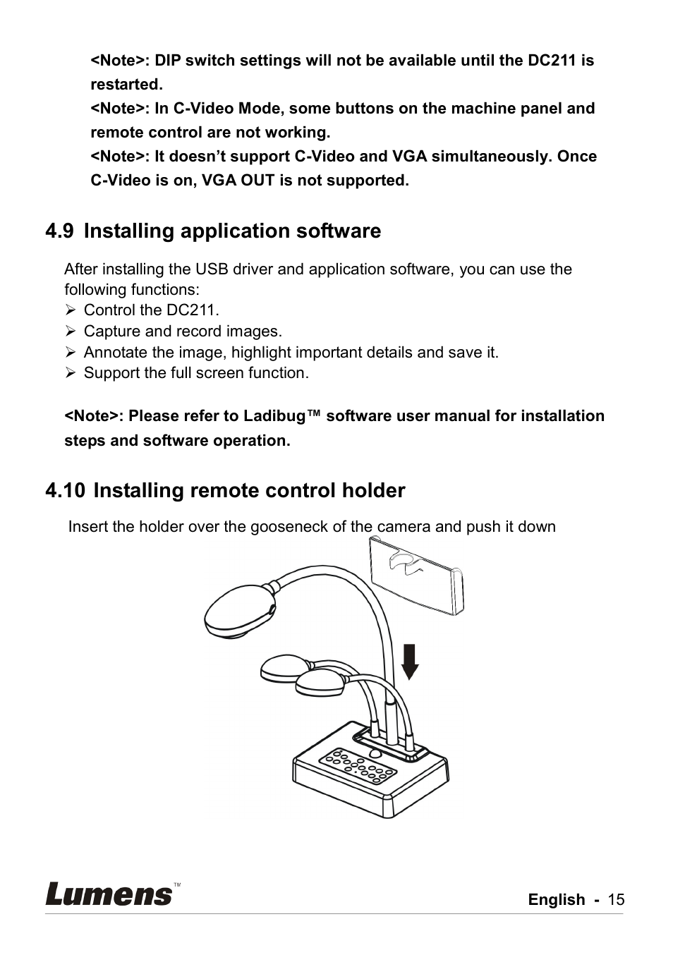 Installing application software, Installing remote control holder, 9 installing application software | 10 installing remote control holder | Lumens Technology DC211 User Manual | Page 16 / 34