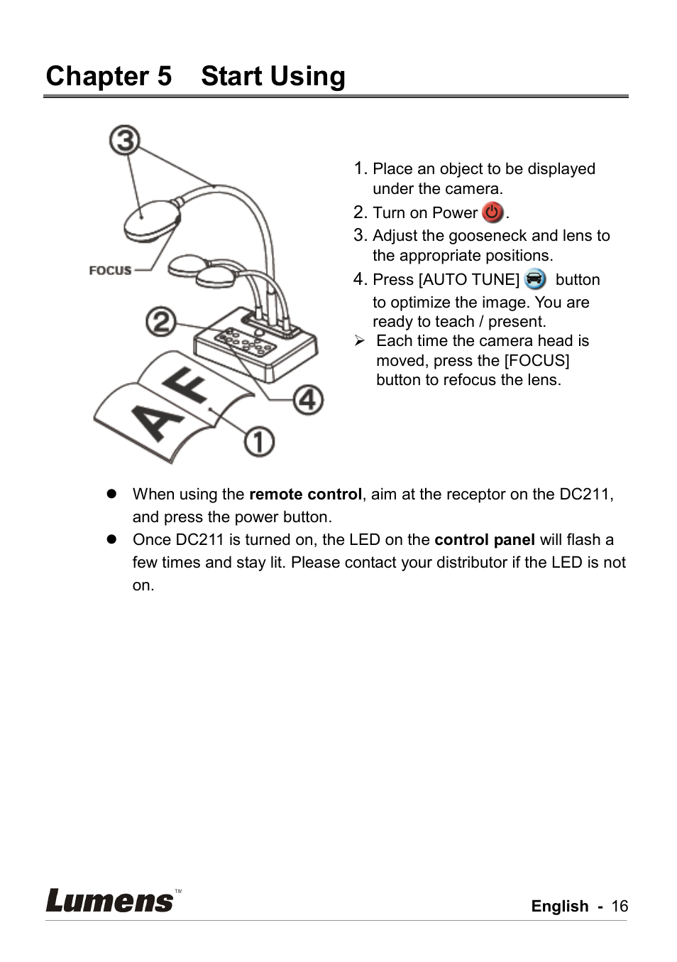 Chapter 5 start using, Chapter 5, Start using | Lumens Technology DC211 User Manual | Page 17 / 34