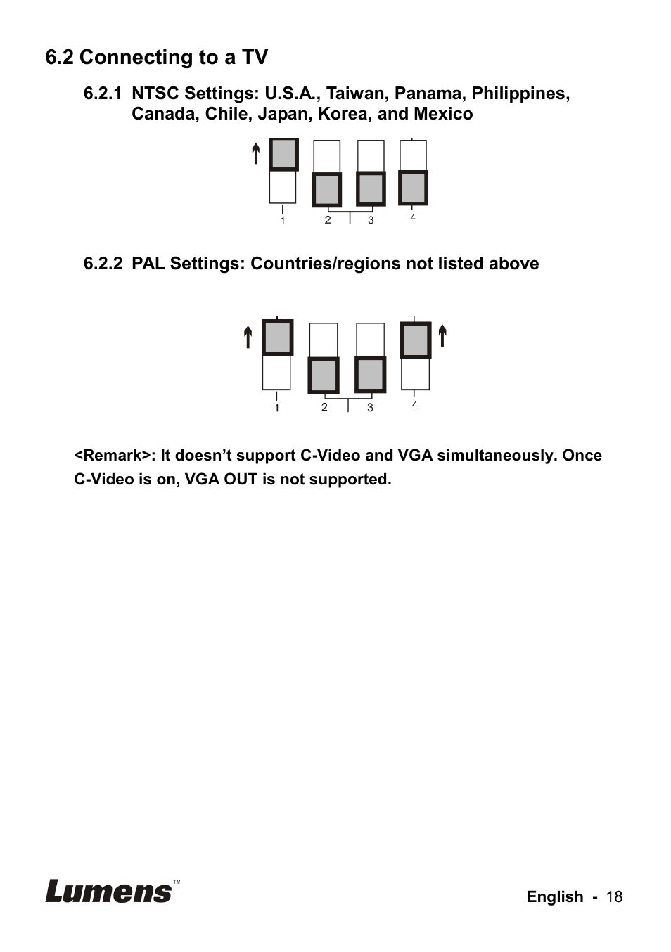 Connecting to a tv, Pal settings: countries/regions not listed above, 2 connecting to a tv | Lumens Technology DC211 User Manual | Page 19 / 34