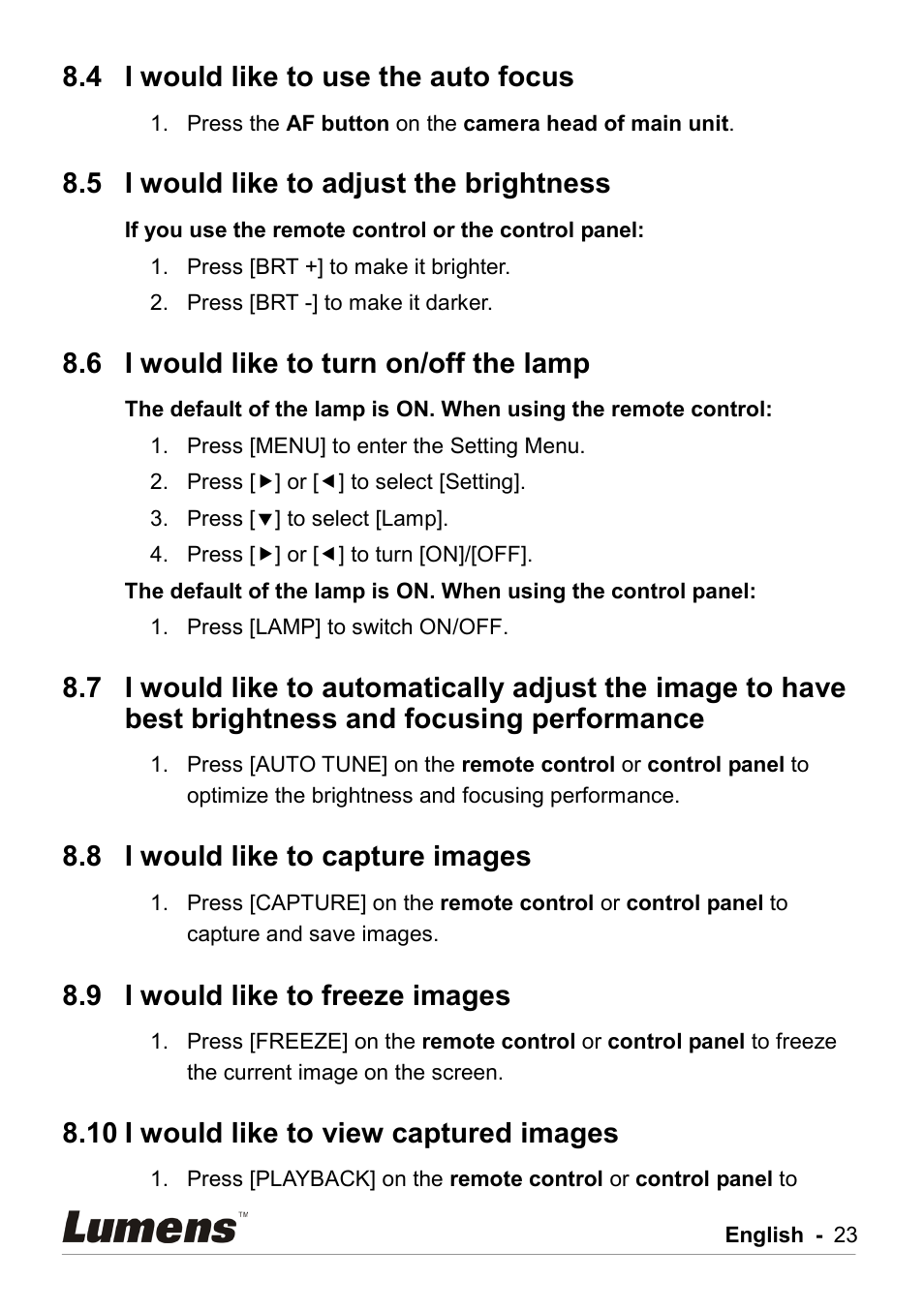 I would like to use the auto focus, I would like to adjust the brightness, I would like to turn on/off the lamp | I would like to capture images, I would like to freeze images, I would like to view captured images, Brightness and focusing performance, 4 i would like to use the auto focus, 5 i would like to adjust the brightness, 6 i would like to turn on/off the lamp | Lumens Technology DC211 User Manual | Page 24 / 34