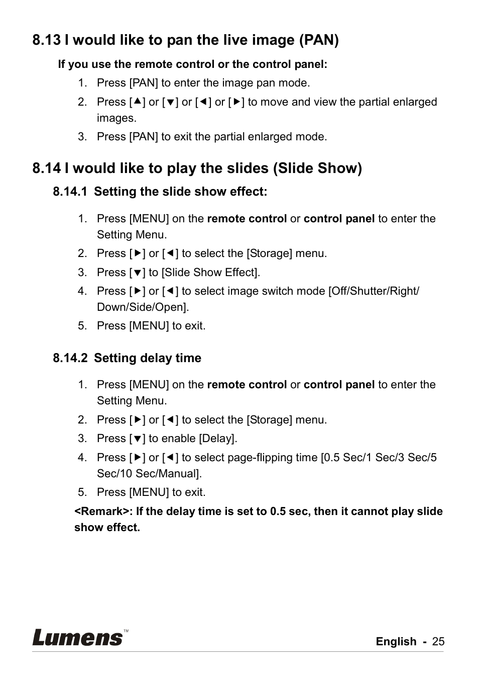 I would like to pan the live image (pan), I would like to play the slides (slide show), Setting the slide show effect | Setting delay time, 13 i would like to pan the live image (pan), 14 i would like to play the slides (slide show) | Lumens Technology DC211 User Manual | Page 26 / 34