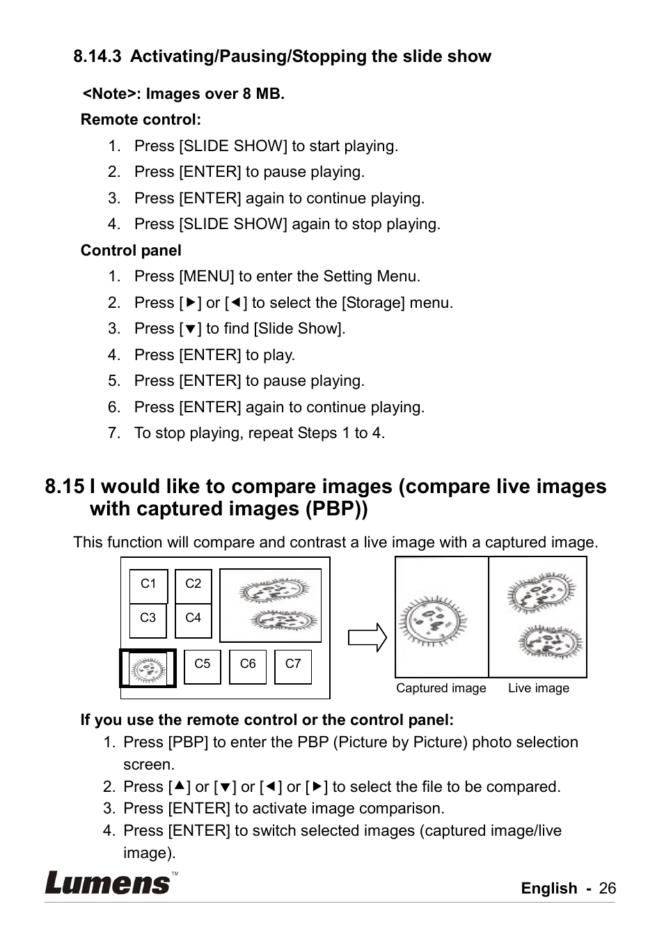 Activating/pausing/stopping the slide show, 3 activating/pausing/stopping the slide show | Lumens Technology DC211 User Manual | Page 27 / 34