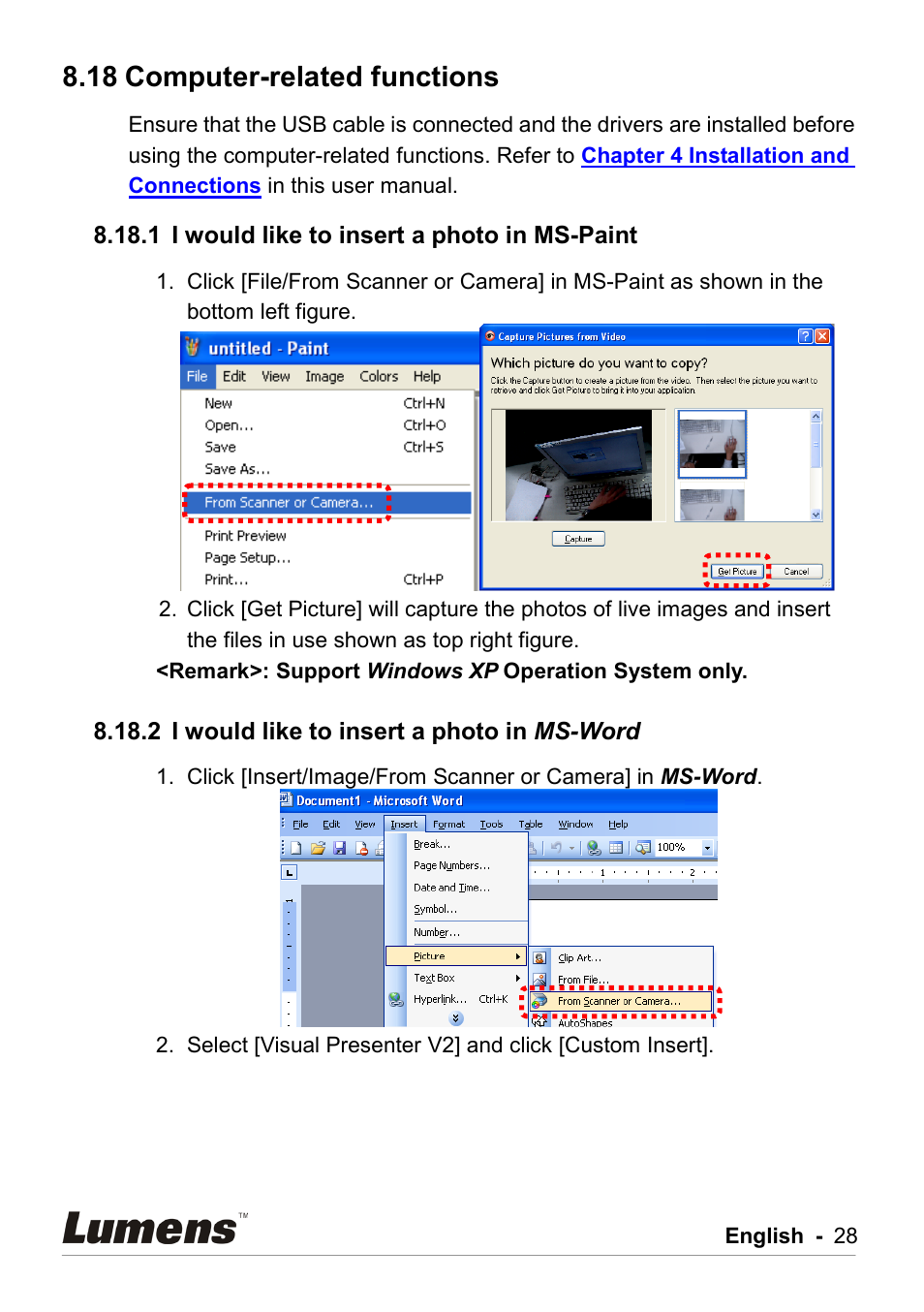 Computer-related functions, I would like to insert a photo in ms-paint, I would like to insert a photo in ms-word | 18 computer-related functions | Lumens Technology DC211 User Manual | Page 29 / 34