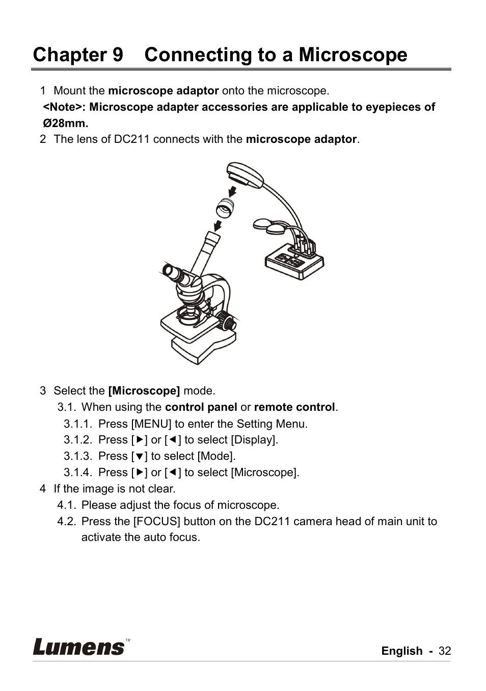 Chapter 9 connecting to a microscope, Chapter 9, Connecting to a microscope | Lumens Technology DC211 User Manual | Page 33 / 34