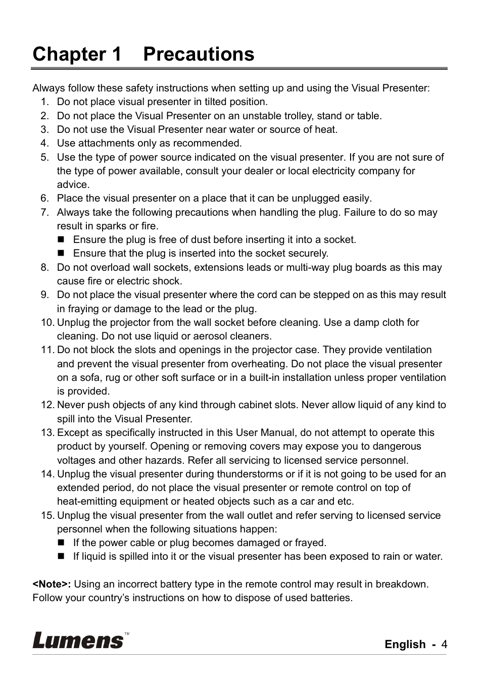 Chapter 1 precautions, Chapter 1, Precautions | Lumens Technology DC211 User Manual | Page 5 / 34