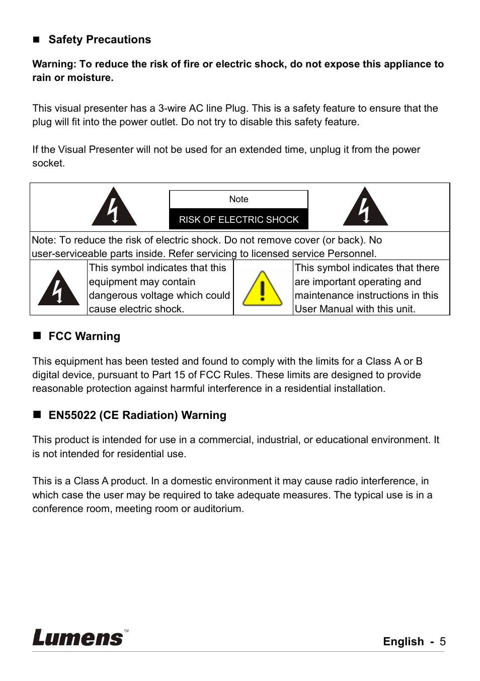 Safety precautions, Fcc warning, En55022 (ce radiation) warning | Lumens Technology DC211 User Manual | Page 6 / 34
