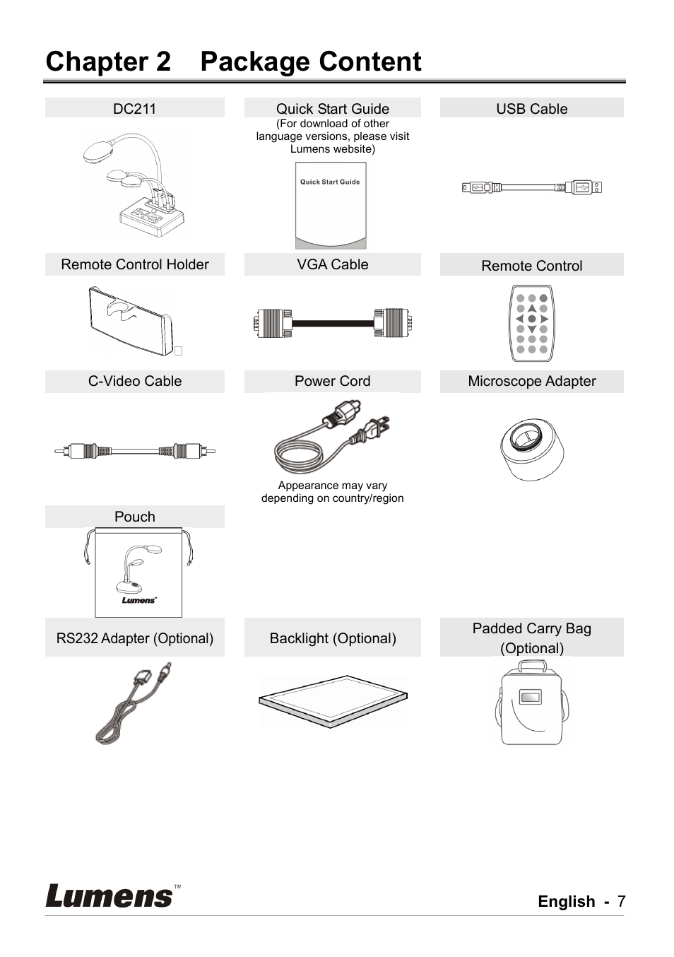 Chapter 2 package content, Chapter 2, Package content | Lumens Technology DC211 User Manual | Page 8 / 34