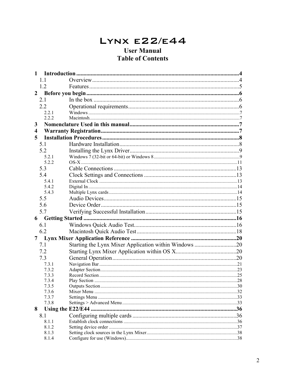 Lynx e22/e44, User manual table of contents | Lynx Studio E44 User Manual | Page 2 / 56