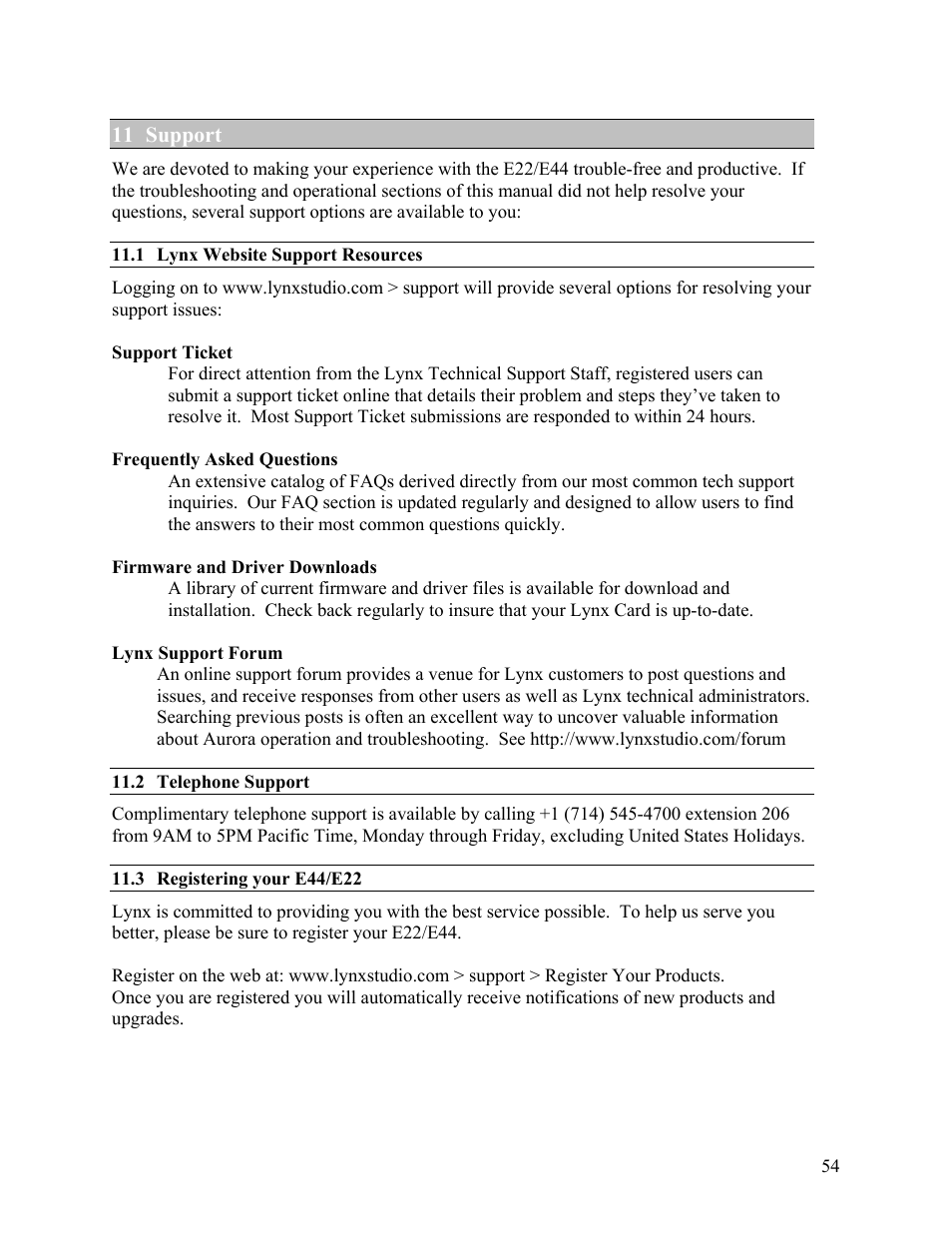 11 support | Lynx Studio E44 User Manual | Page 54 / 56