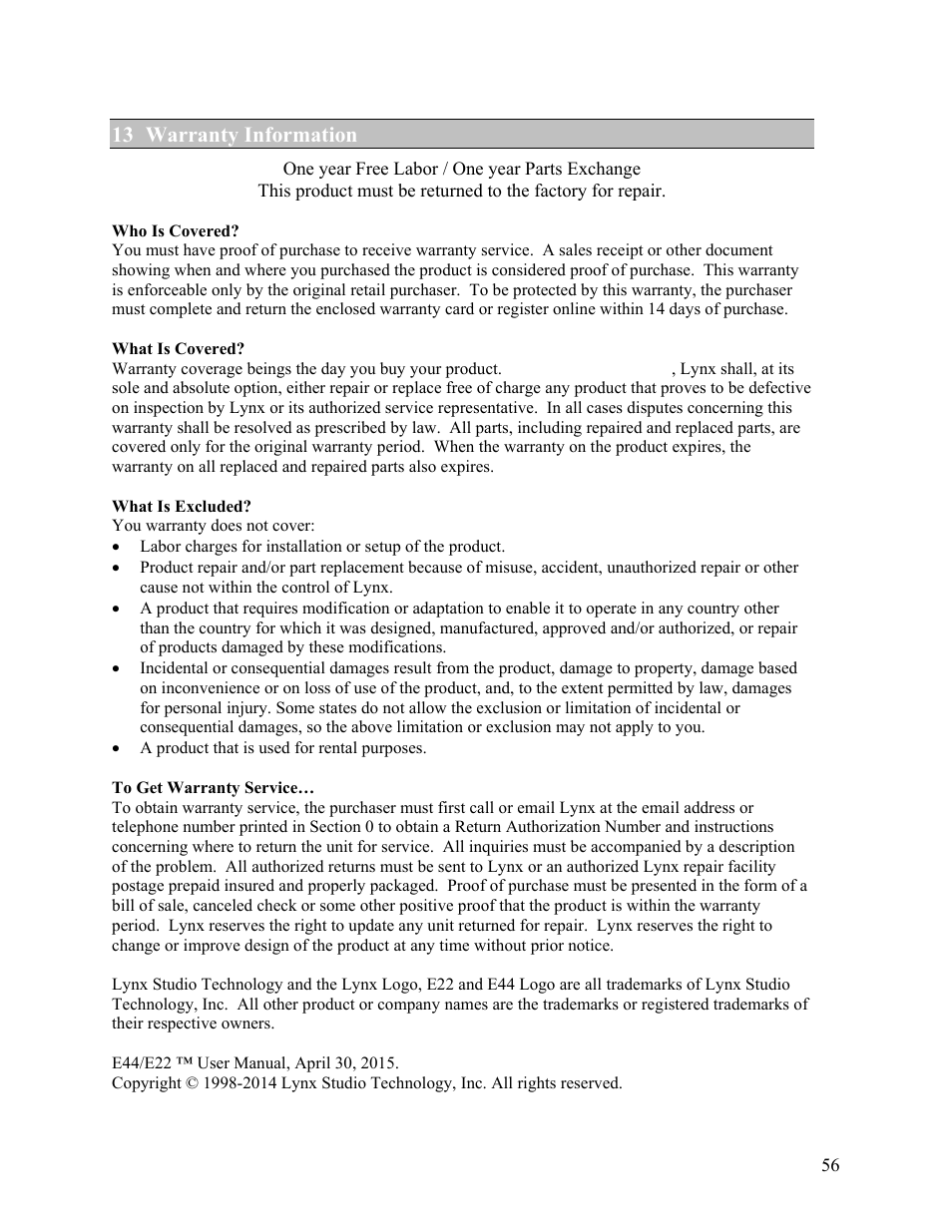 13 warranty information | Lynx Studio E44 User Manual | Page 56 / 56