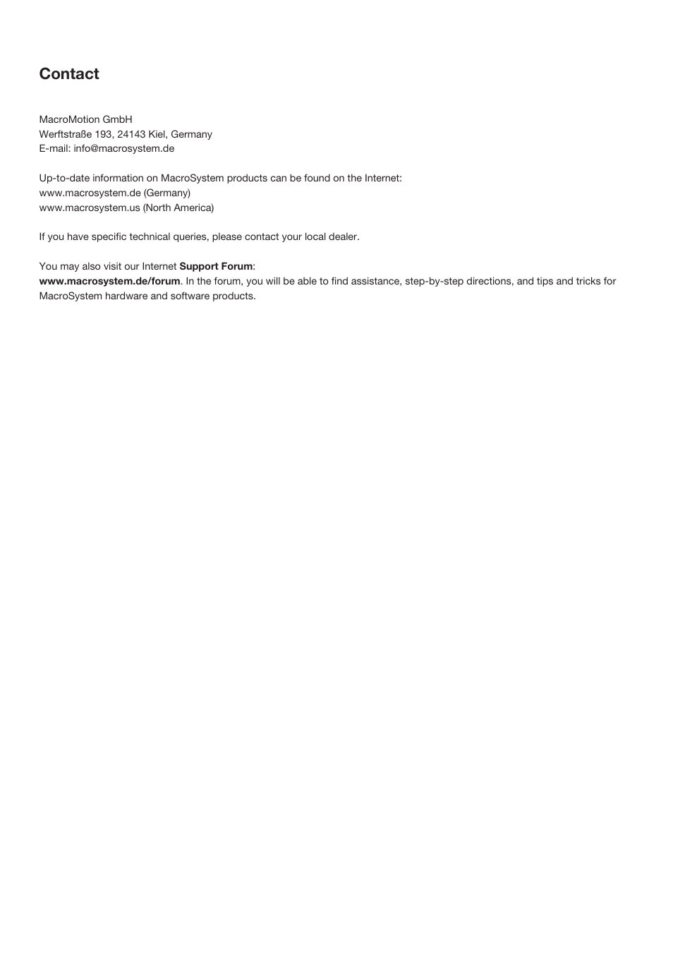Contact | MacroSystem Bogart V6 Addition to the manual V5 for Casablanca User Manual | Page 3 / 16