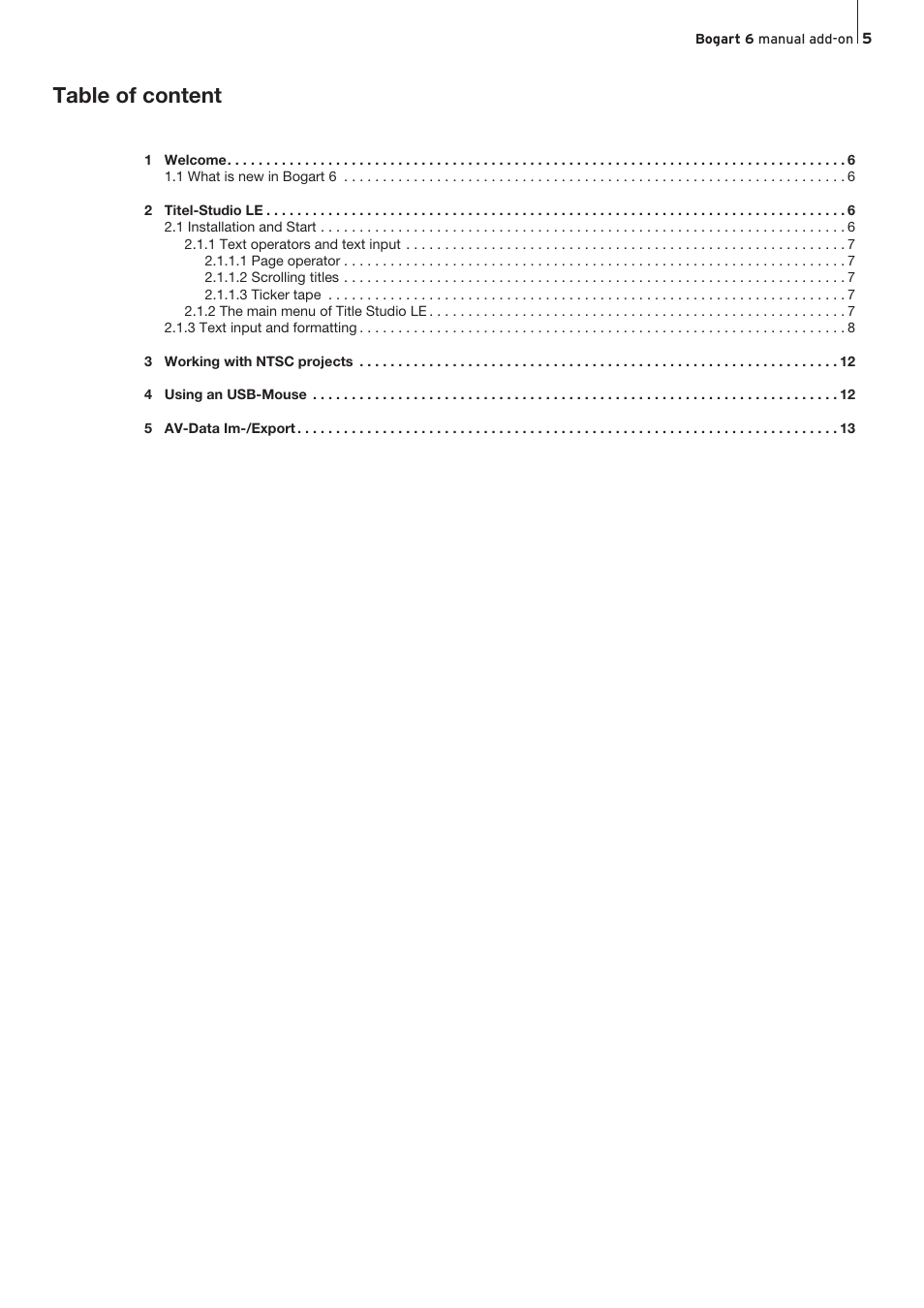 Table of content | MacroSystem Bogart V6 Addition to the manual V5 for Casablanca User Manual | Page 5 / 16