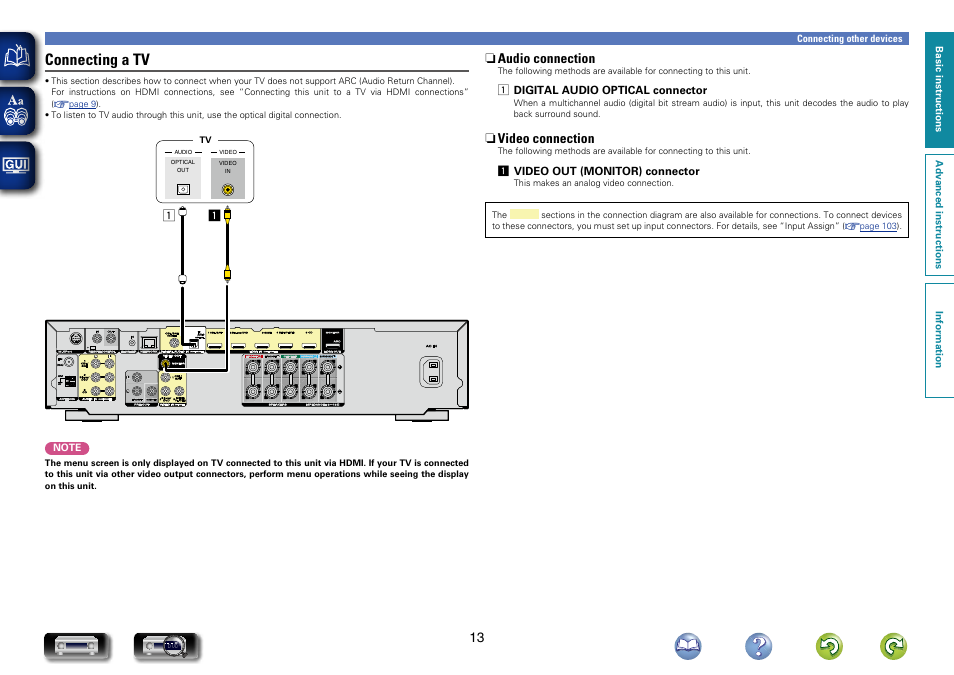 Connecting a tv, Connections, Connecting a tv”) | Connections as described in “connecting a tv, N audio connection, N video connection | Marantz NR1504 User Manual | Page 16 / 146