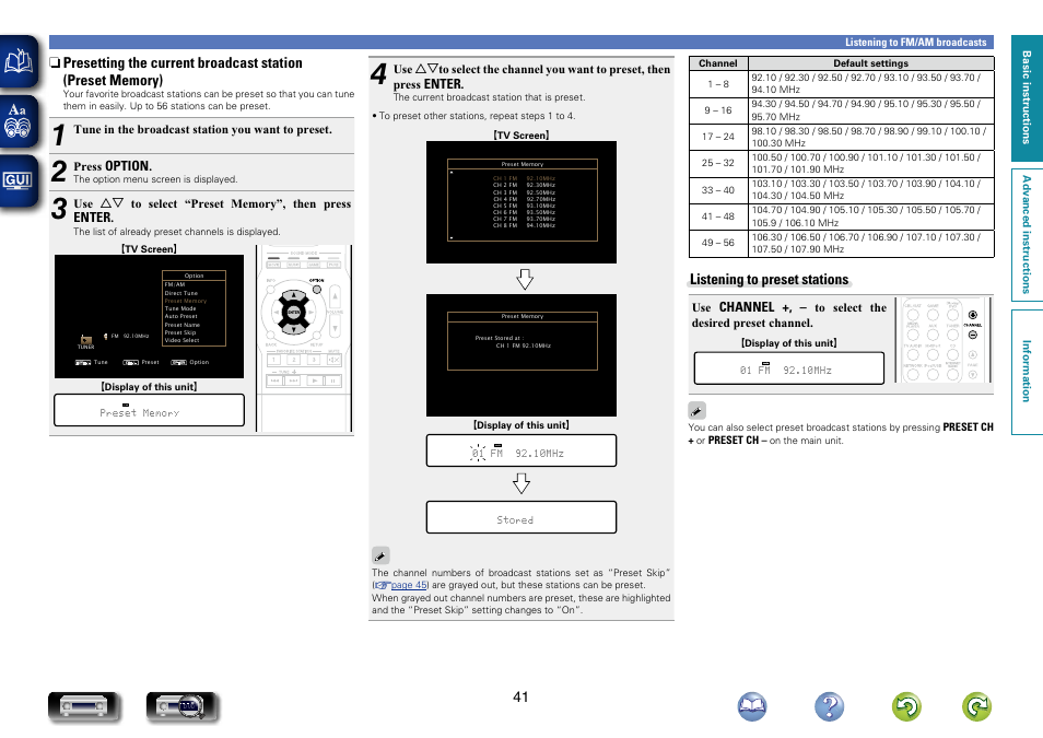 Presetting the current broadcast station, Preset memory), Listening to preset stations | Marantz NR1504 User Manual | Page 44 / 146