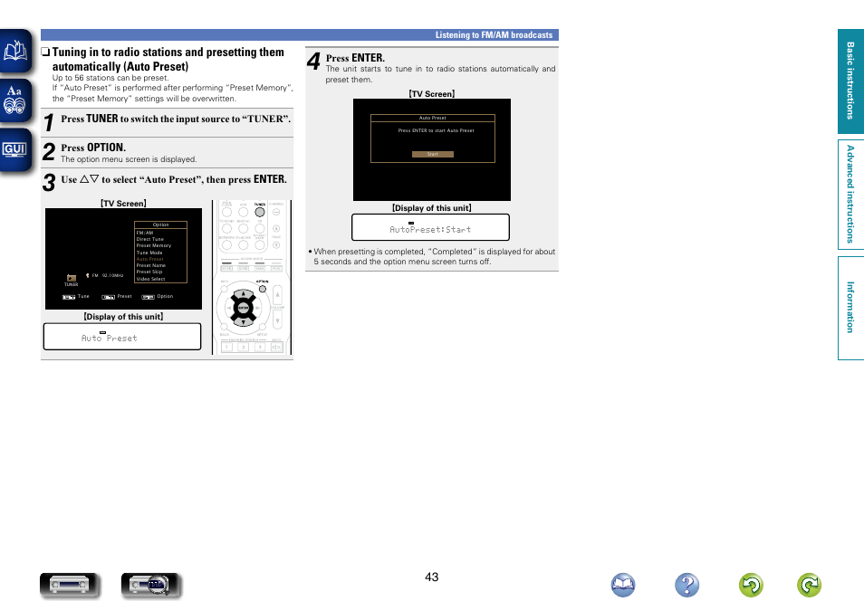 Tuning in to radio stations and presetting them, Automatically (auto preset) | Marantz NR1504 User Manual | Page 46 / 146